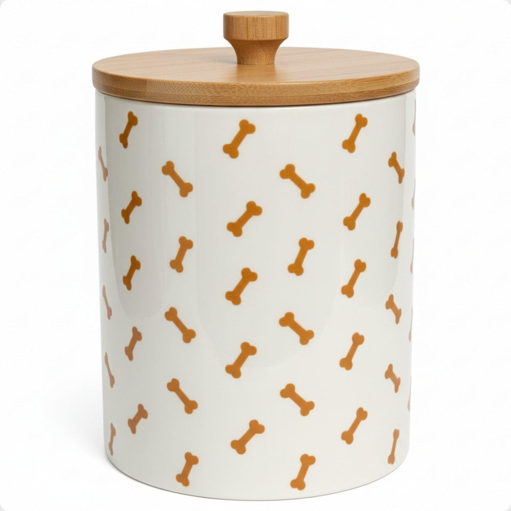 HB Design Co. dog treat container with airtight lid keeps treats fresh.