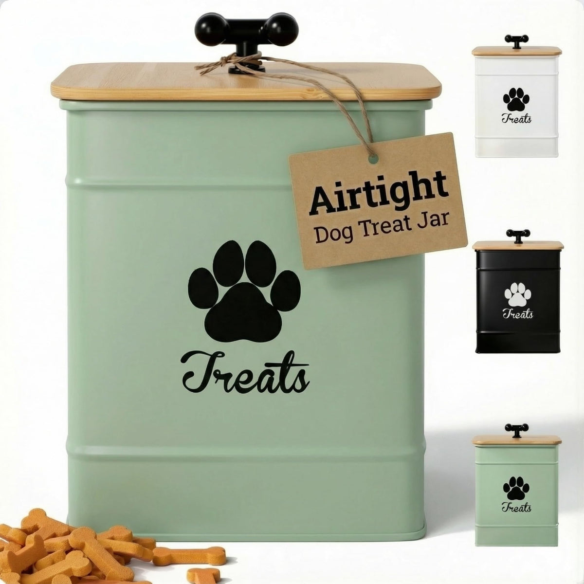 HB Design Co dog treat container with airtight lid keeps treats fresh on a kitchen counter.