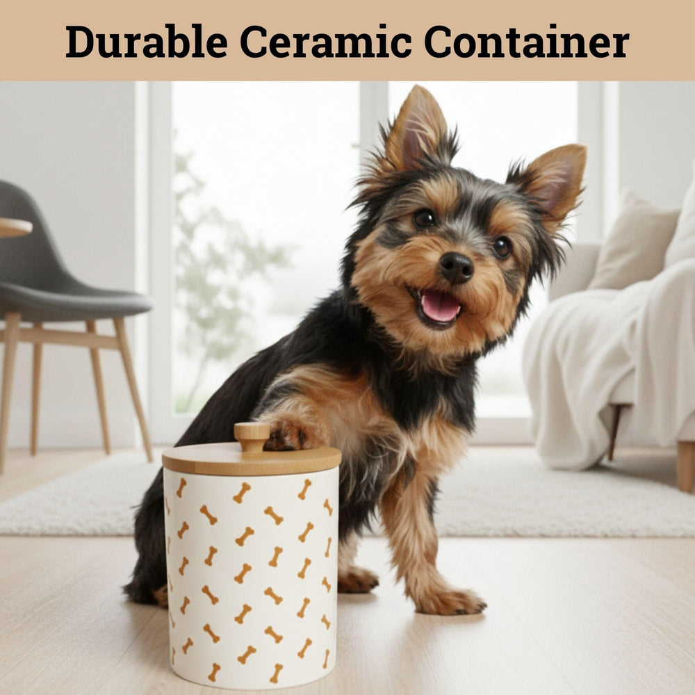 HB Design Co. sturdy ceramic jar with bamboo lid seals moisture for treats.