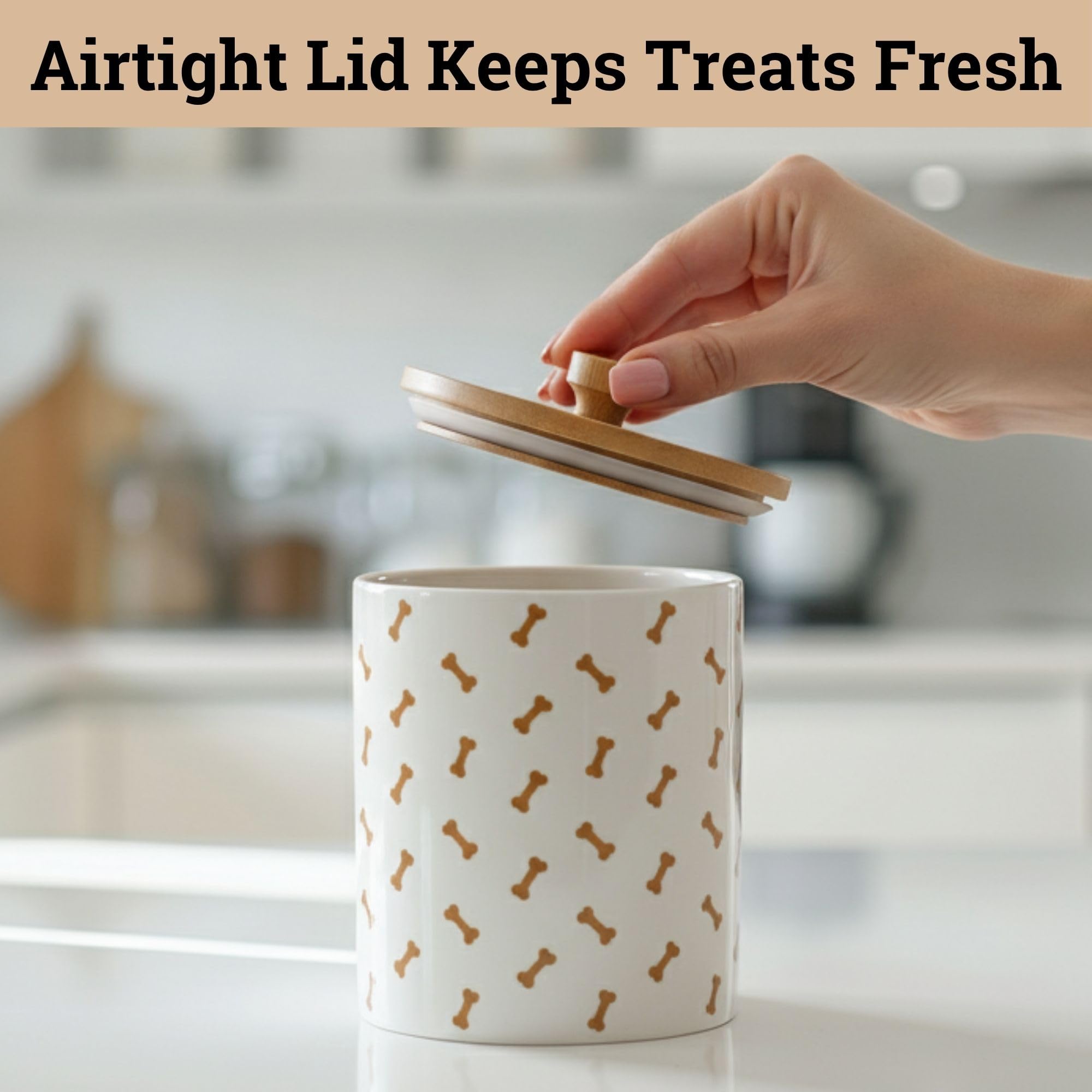 HB Design Co. dog treat container on counter highlights practical kitchen display.