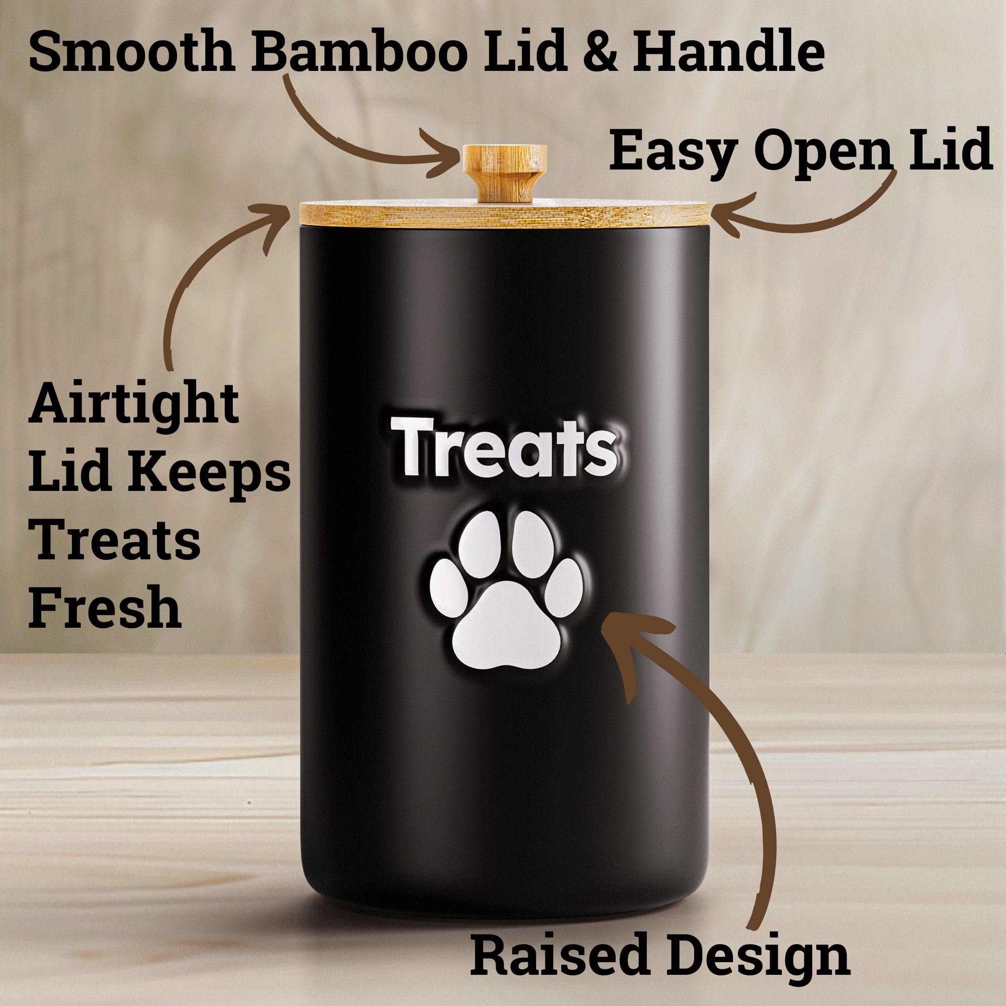 HB Design Co dog treat container lid detail highlights bamboo seal for moisture protection.