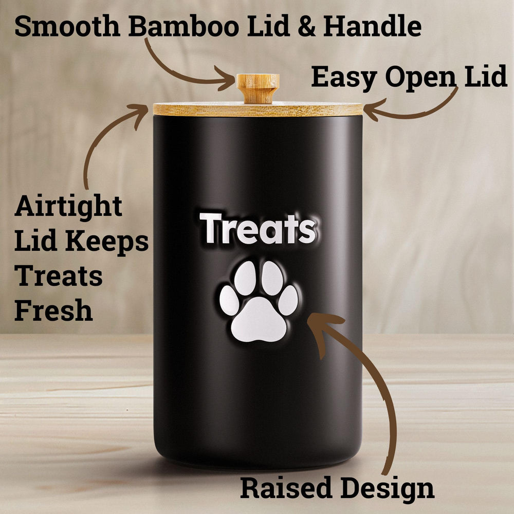 HB Design Co dog treat container lid detail highlights bamboo seal for moisture protection.