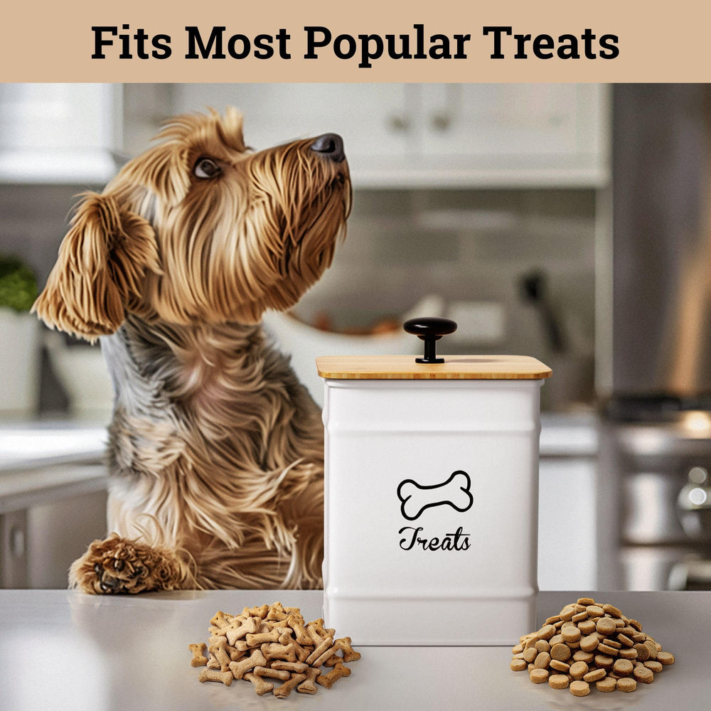 HB Design Co. white iron dog treat jar highlights durable, food-safe construction