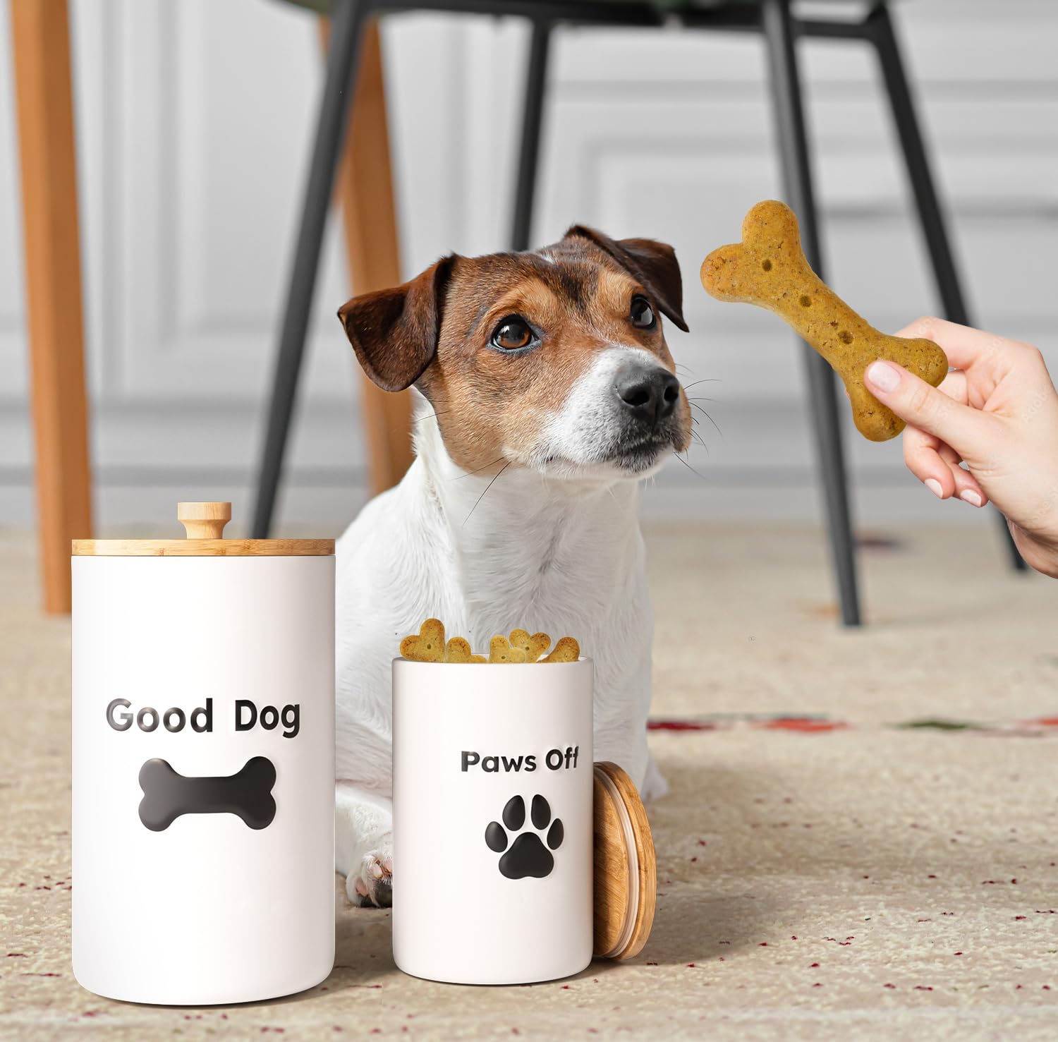 HB Design Co versatile two-size dog treat jars for biscuits, kibble, or dental sticks