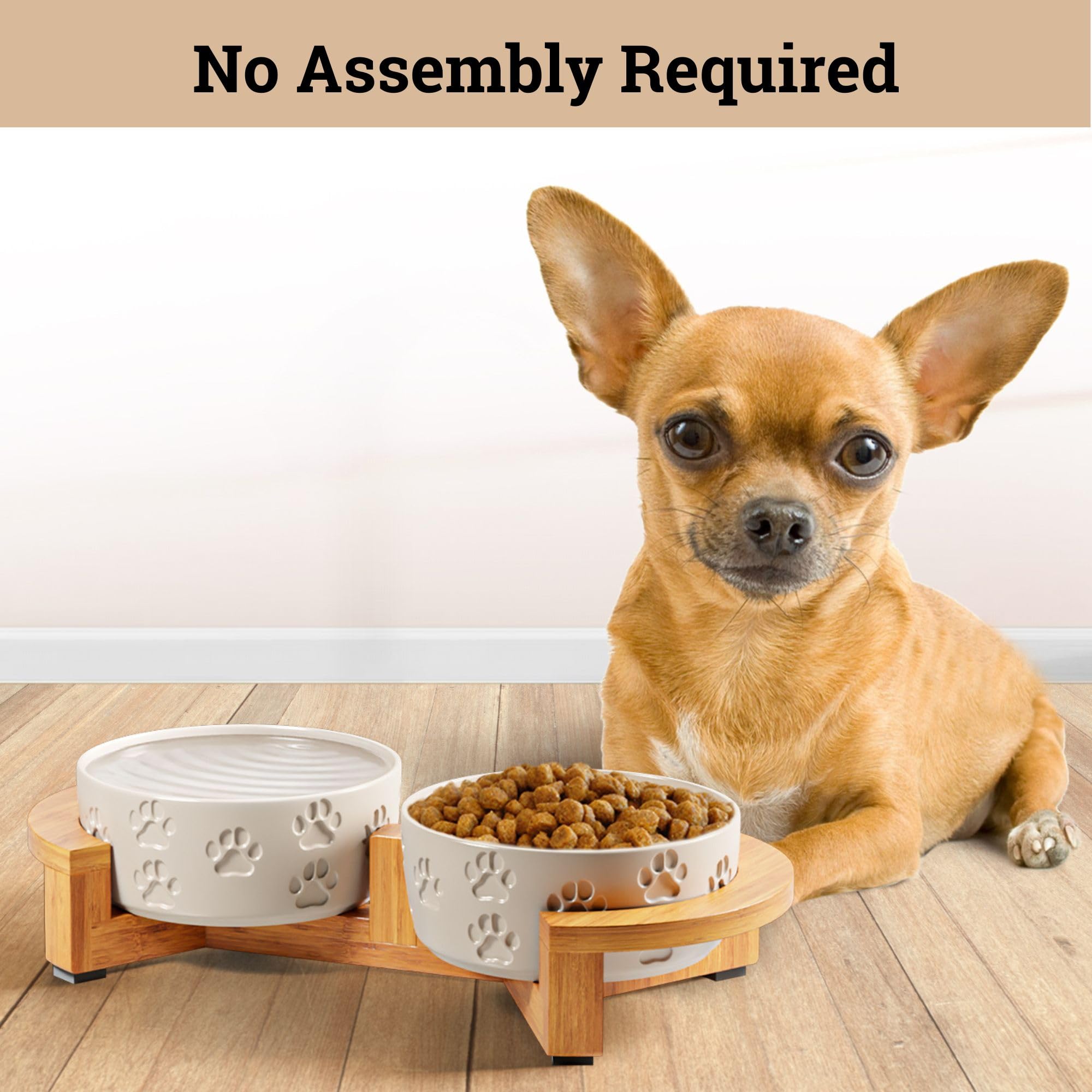 HB Design Co raised pet feeding station, compact 12.5-inch stand, fits kitchens stylishly.