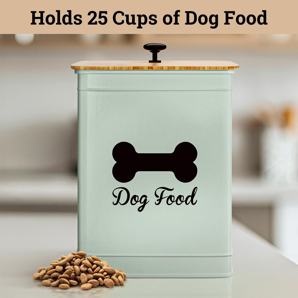 HB Design Co. green metal bin with sturdy handle for easy scooping.