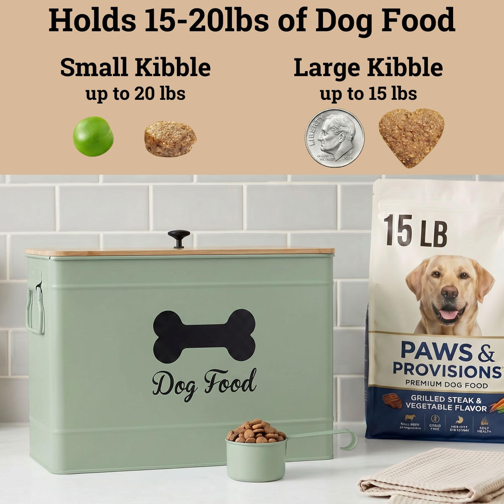 HB Design Co green metal kibble storage with durable, stylish finish.