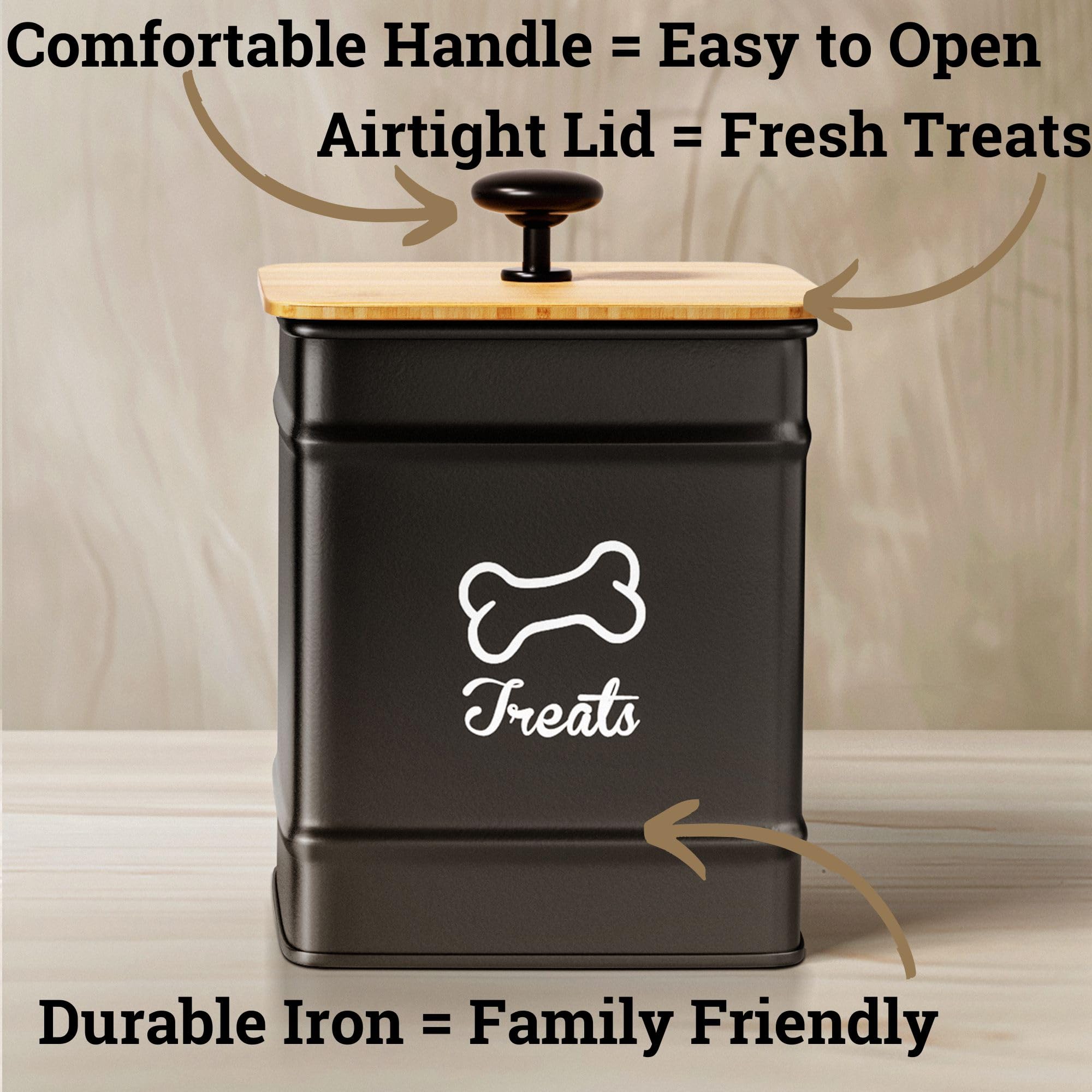 HB Design Co. iron dog treat jar with 7-cup capacity.
