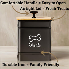 HB Design Co. iron dog treat jar with 7-cup capacity.