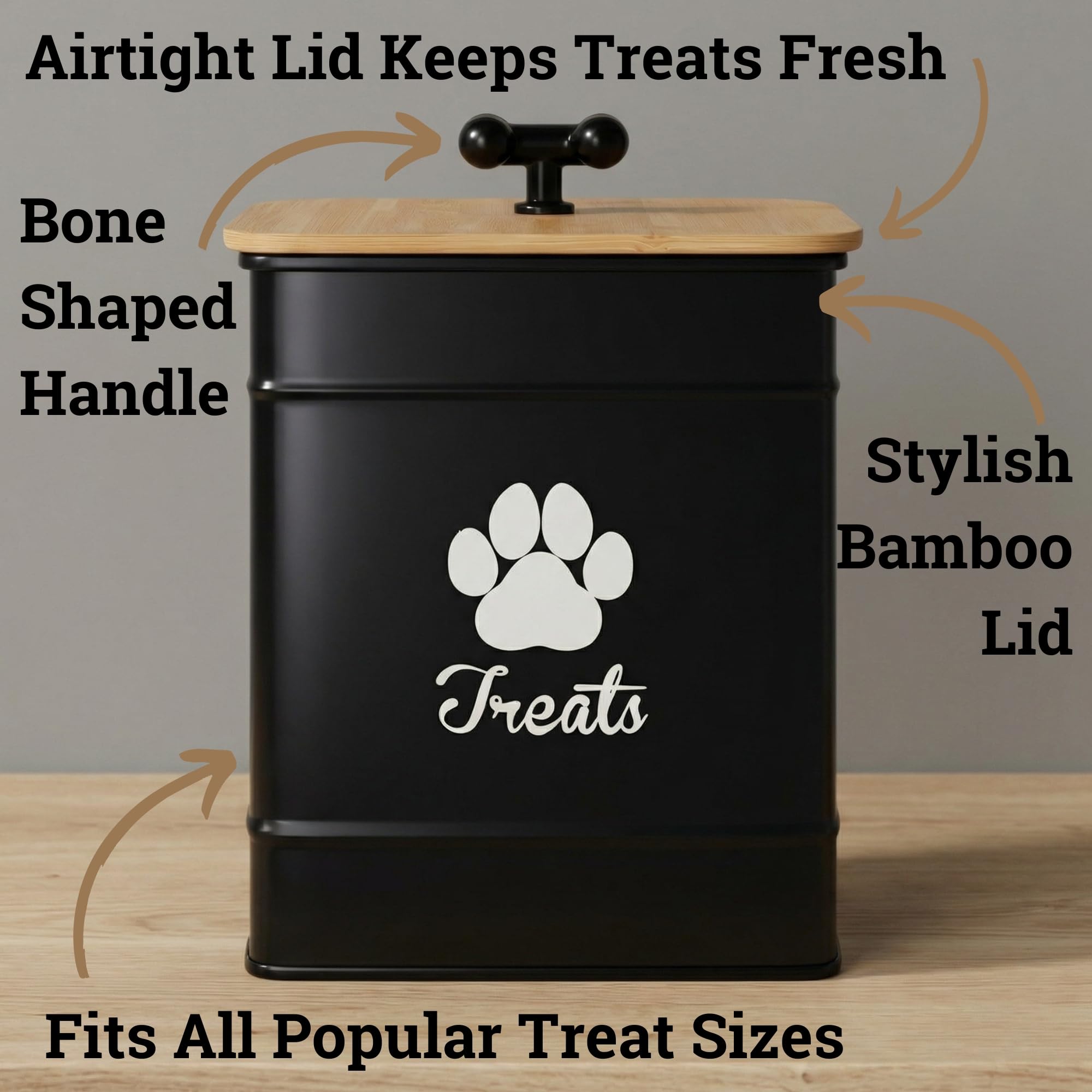 HB Design Co iron dog treat jar on kitchen counter for easy access