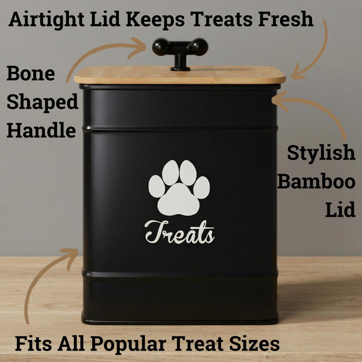 HB Design Co iron dog treat jar on kitchen counter for easy access