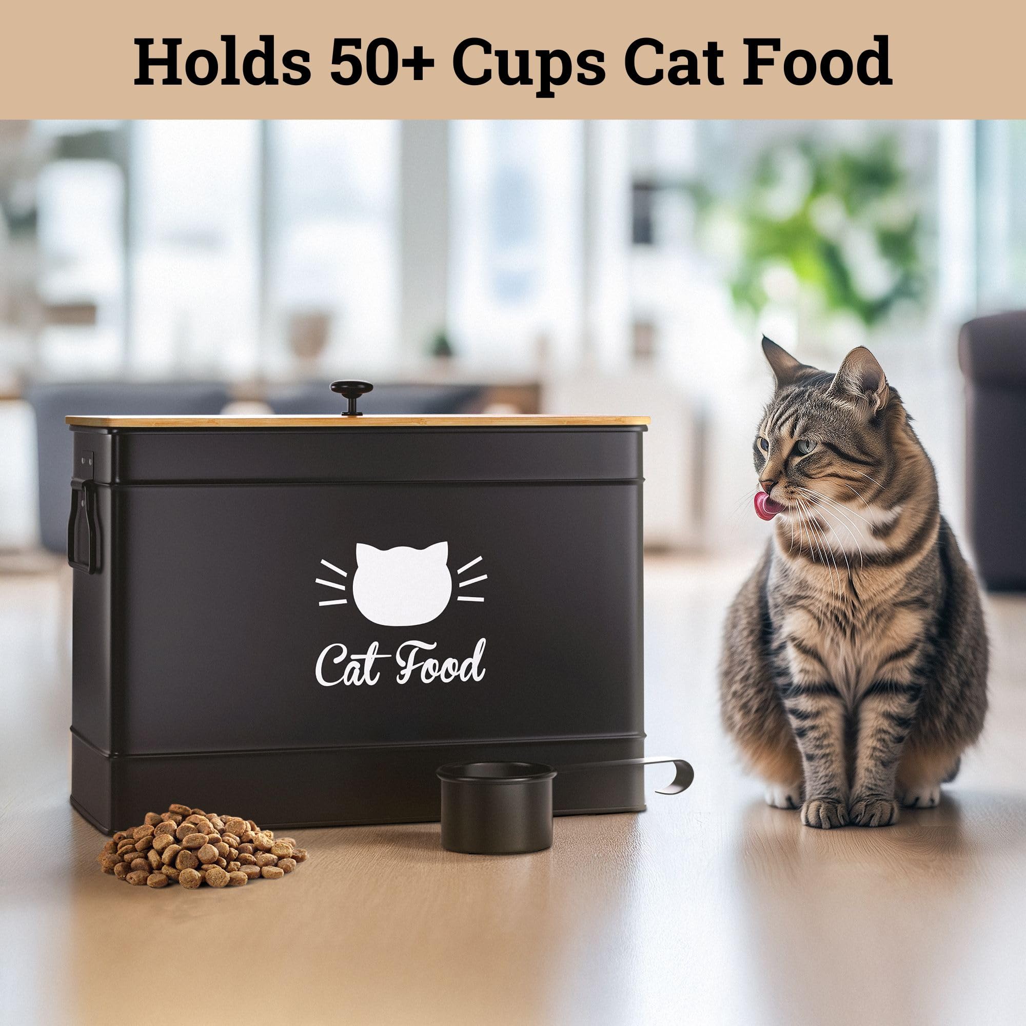 Matte-black metal container with bamboo lid blends into pantry decor while storing dry food.
