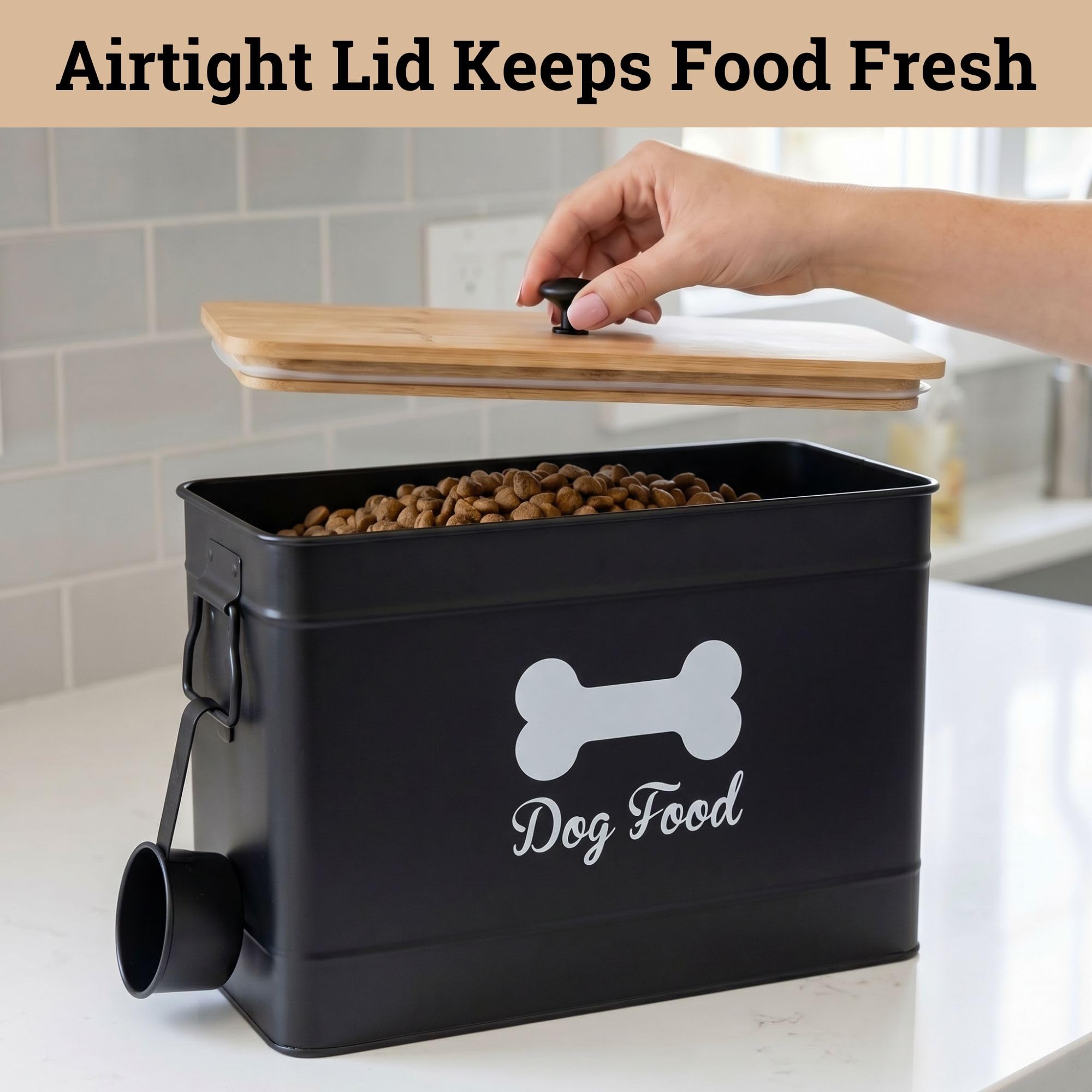 Included 1-cup metal scoop hangs from the HB Design Co. bin.