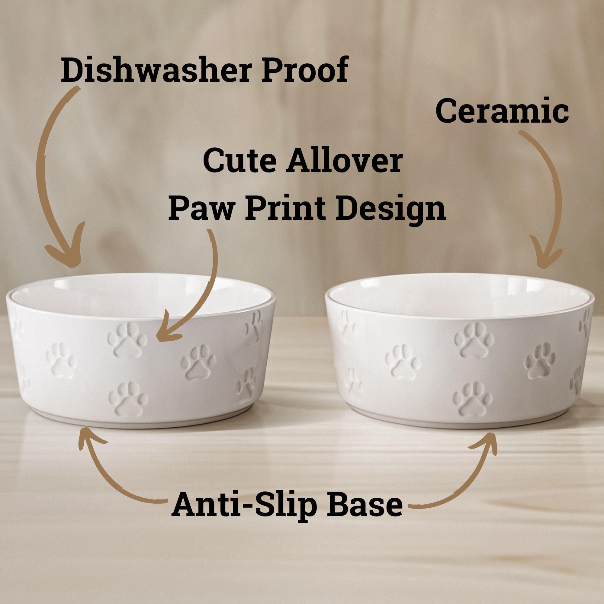 HB Design Co paw-imprinted bowls add decorative charm to feeding area.