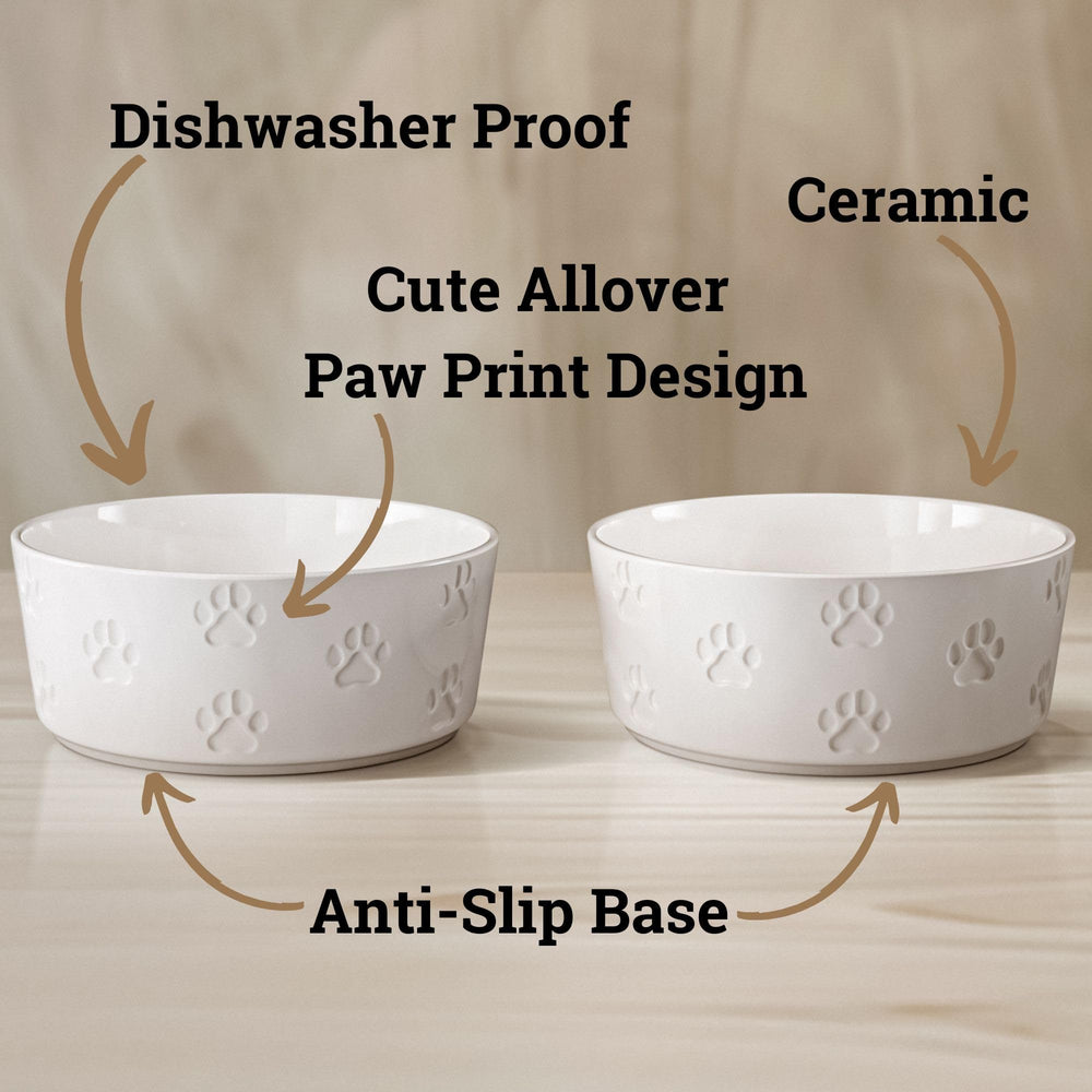HB Design Co paw-imprinted bowls add decorative charm to feeding area.