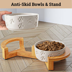 HB Design Co dishwasher-safe ceramic bowls with paw prints, easy to clean.