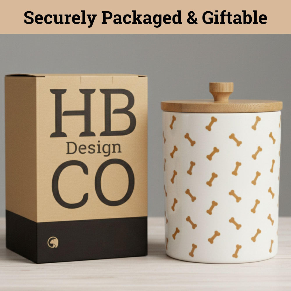 HB Design Co. pet-treat jar on counter prevents rummaging and keeps treats organized.