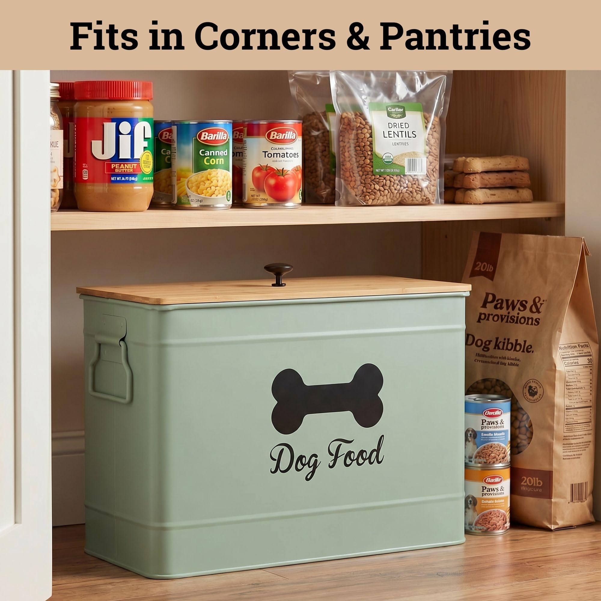 HB Design Co sage-green finish bin blends with modern kitchens and pantries.