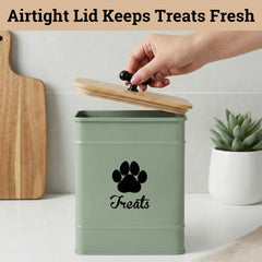 HB Design Co sage green treat canister with bamboo lid adds decor and order.