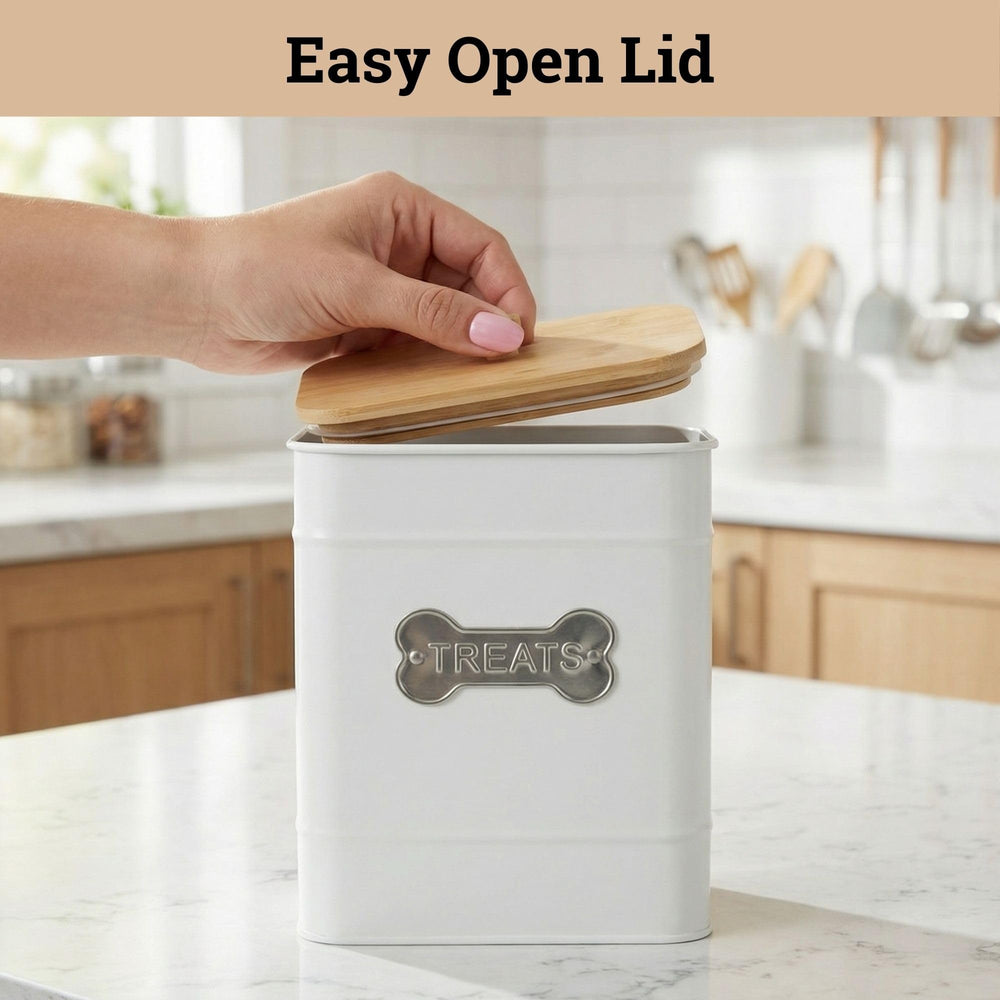 HB Design Co. white iron jar with an embossed emblem adds decorative storage.