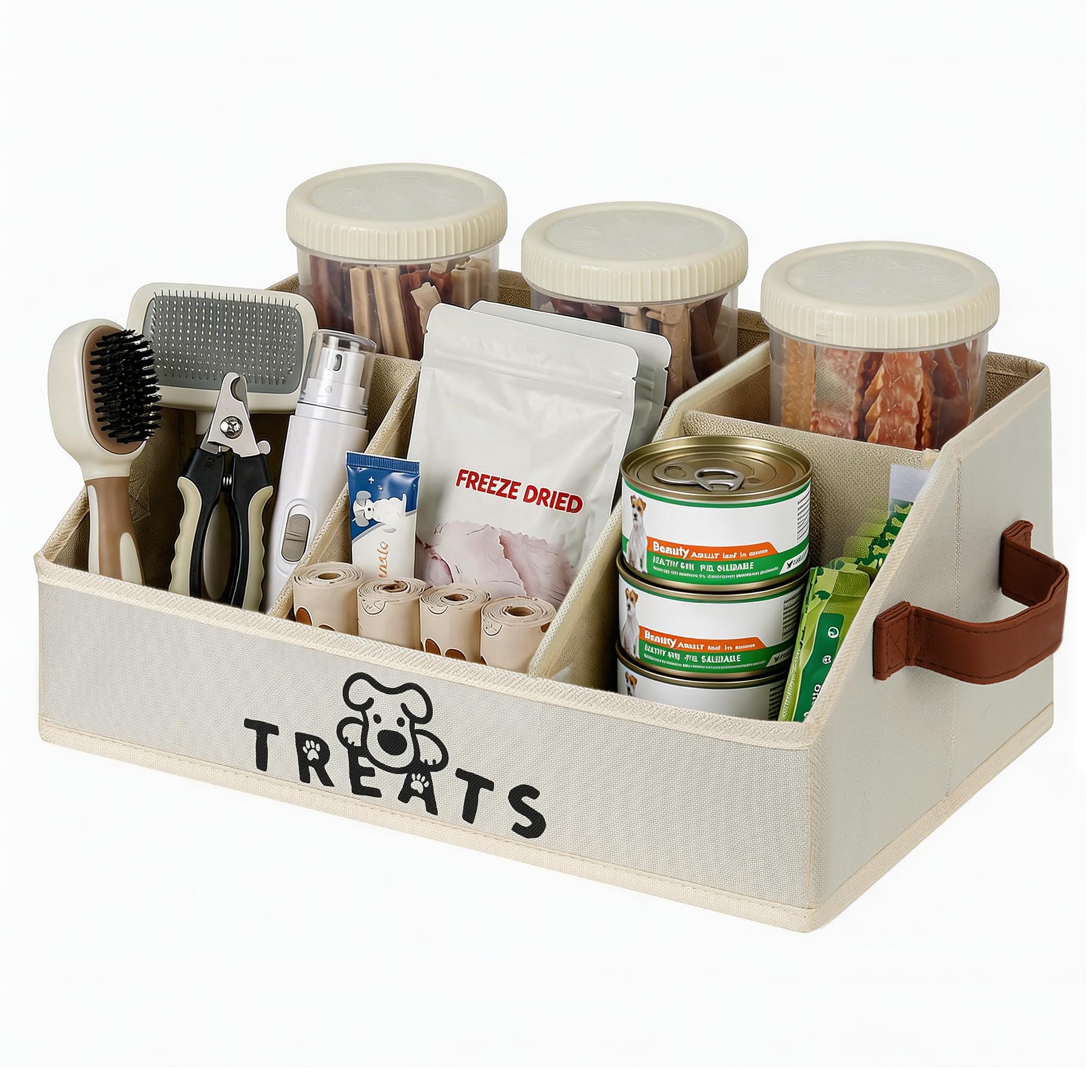 Hbazzor dog treat container beige outside view, keeps treats organized.
