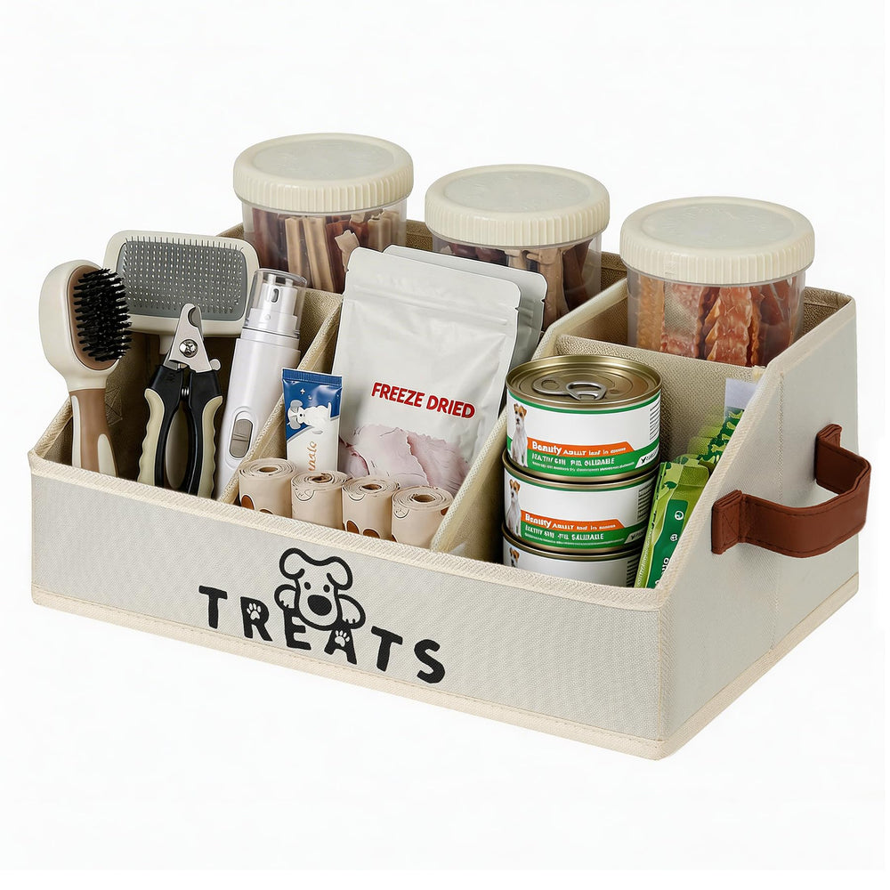 Hbazzor dog treat container beige outside view, keeps treats organized.