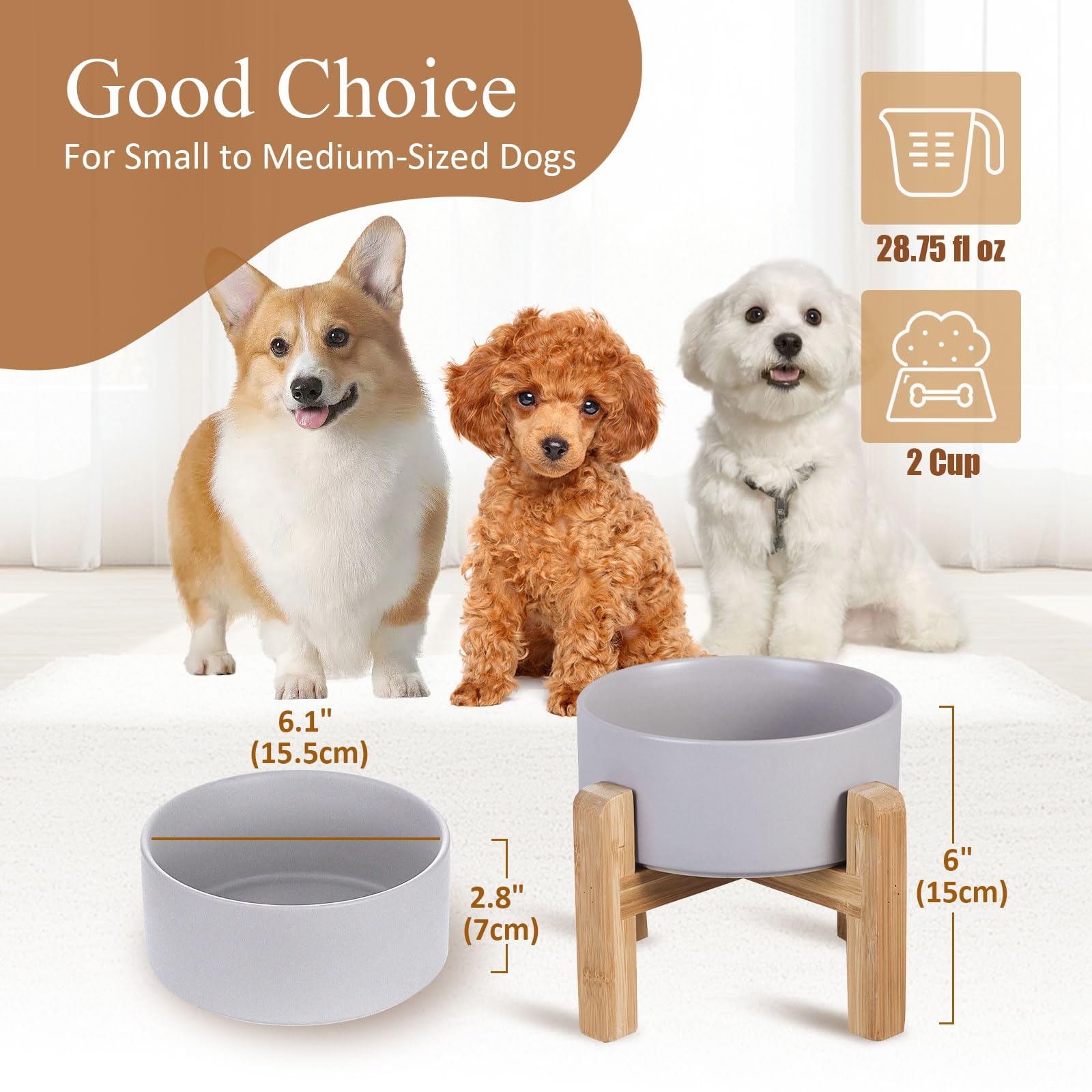 HCHLQLZ elevated ceramic cat bowl with wood stand, front view shows stable base.