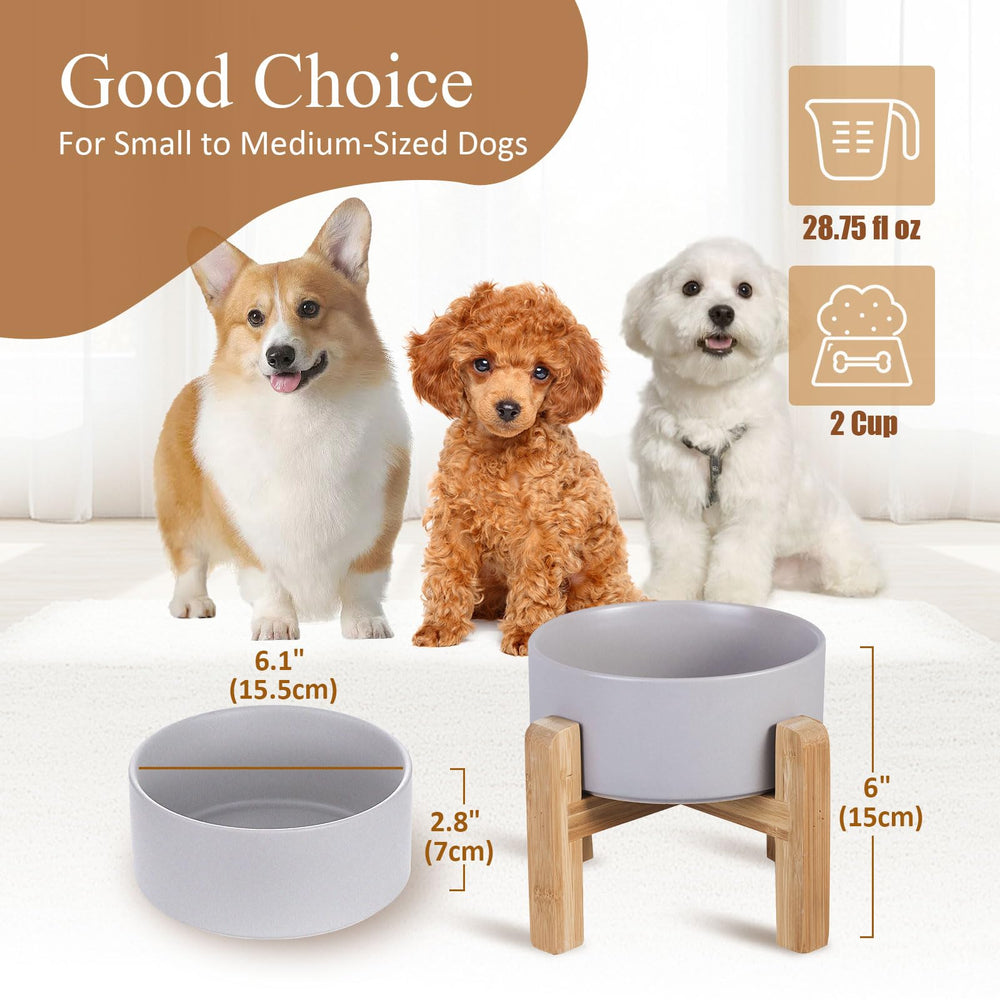 HCHLQLZ elevated ceramic cat bowl with wood stand, front view shows stable base.
