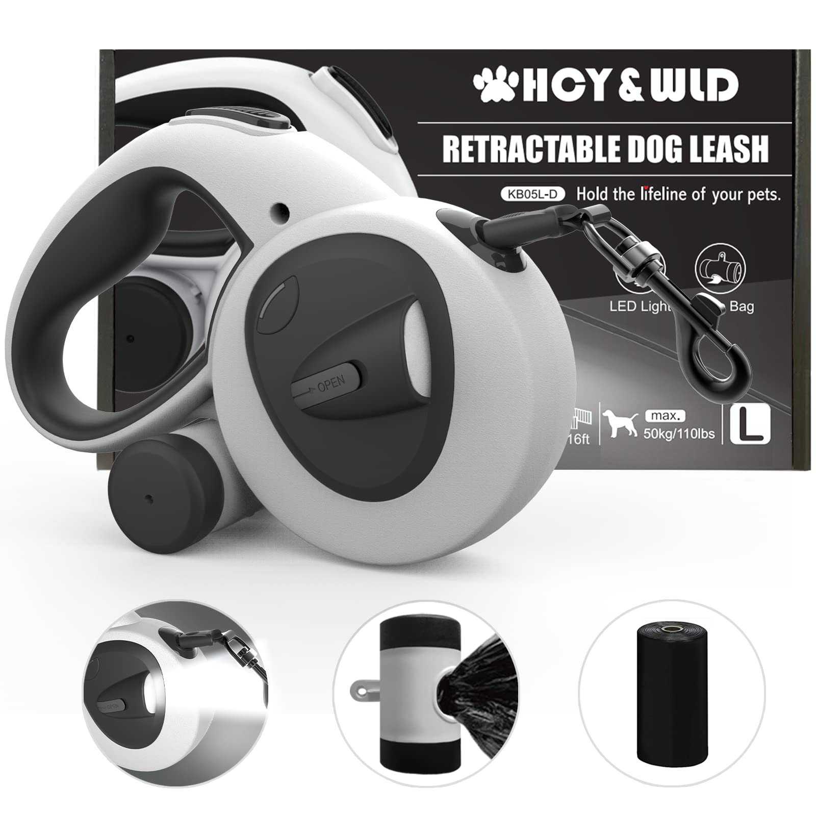HCY&amp;WLD upgrade 4-in-1 retractable leash with LED and dispenser boosts night visibility.