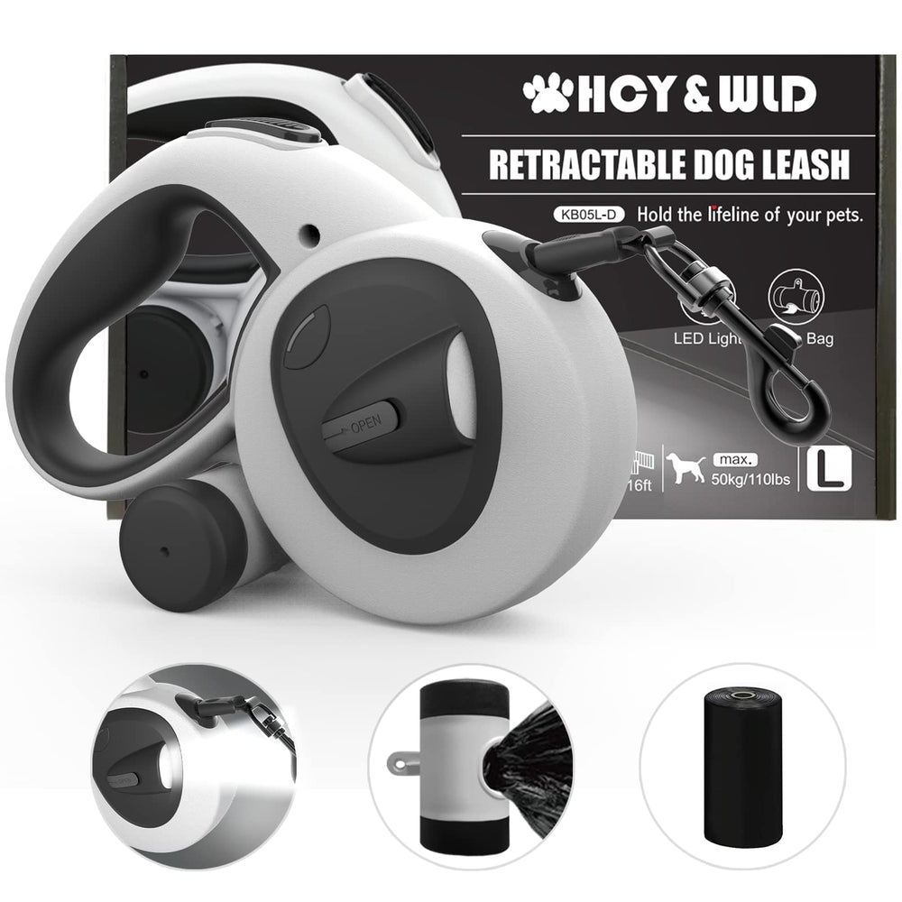 HCY&amp;WLD upgrade 4-in-1 retractable leash with LED and dispenser boosts night visibility.