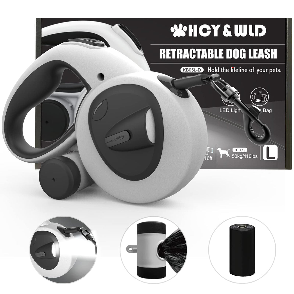 HCY&amp;WLD upgrade 4-in-1 retractable leash with LED and dispenser boosts night visibility.