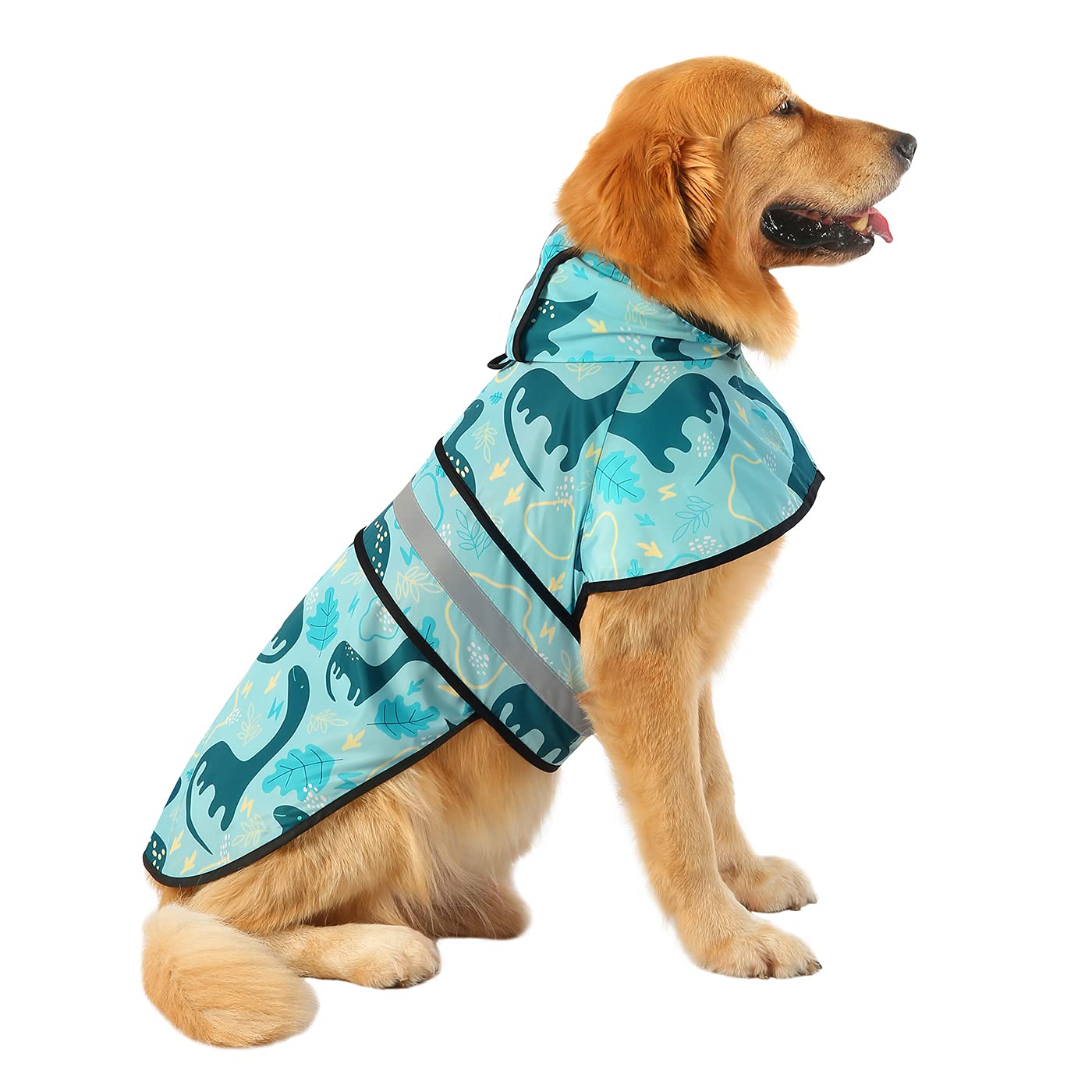 HDE dog raincoat with hooded dinosaur pattern provides dry protection during walks in drizzle