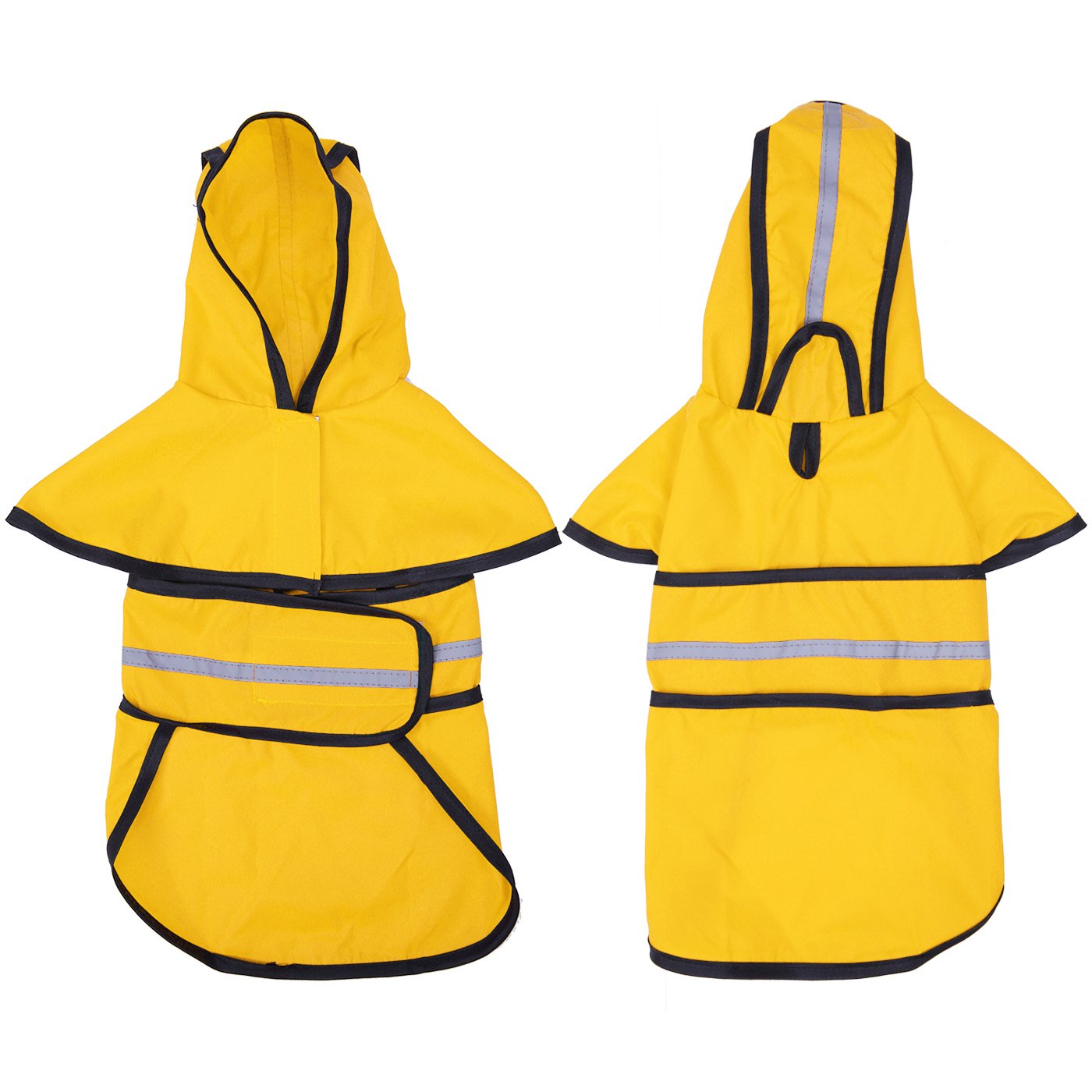HDE dog raincoat jacket features harness opening for easy leash attachment.