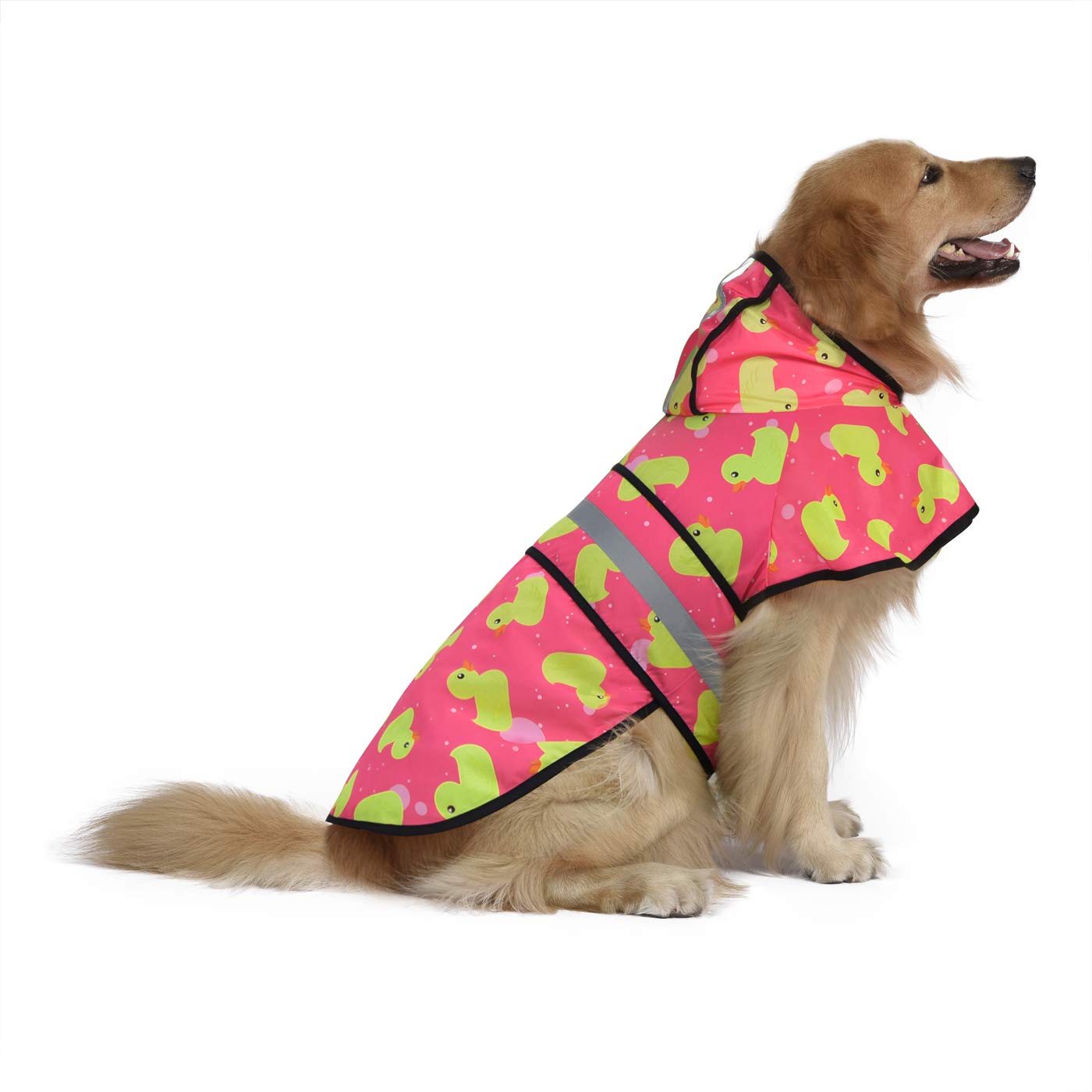 HDE Pink Ducks dog raincoat XL front view showing hood and water resistance