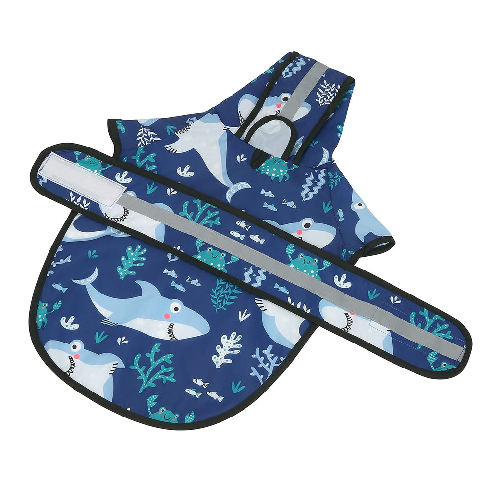 HDE Sharks raincoat adjustable belly strap secures fit for different dog shapes.