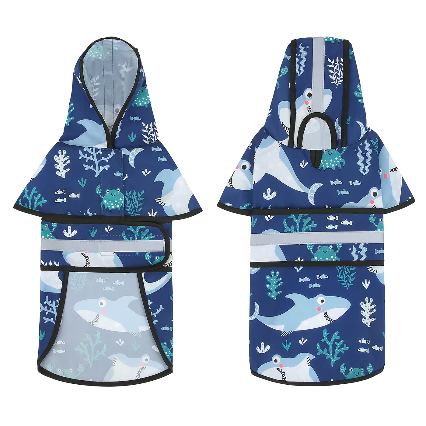 HDE Sharks raincoat includes a harness opening for easy leash use.