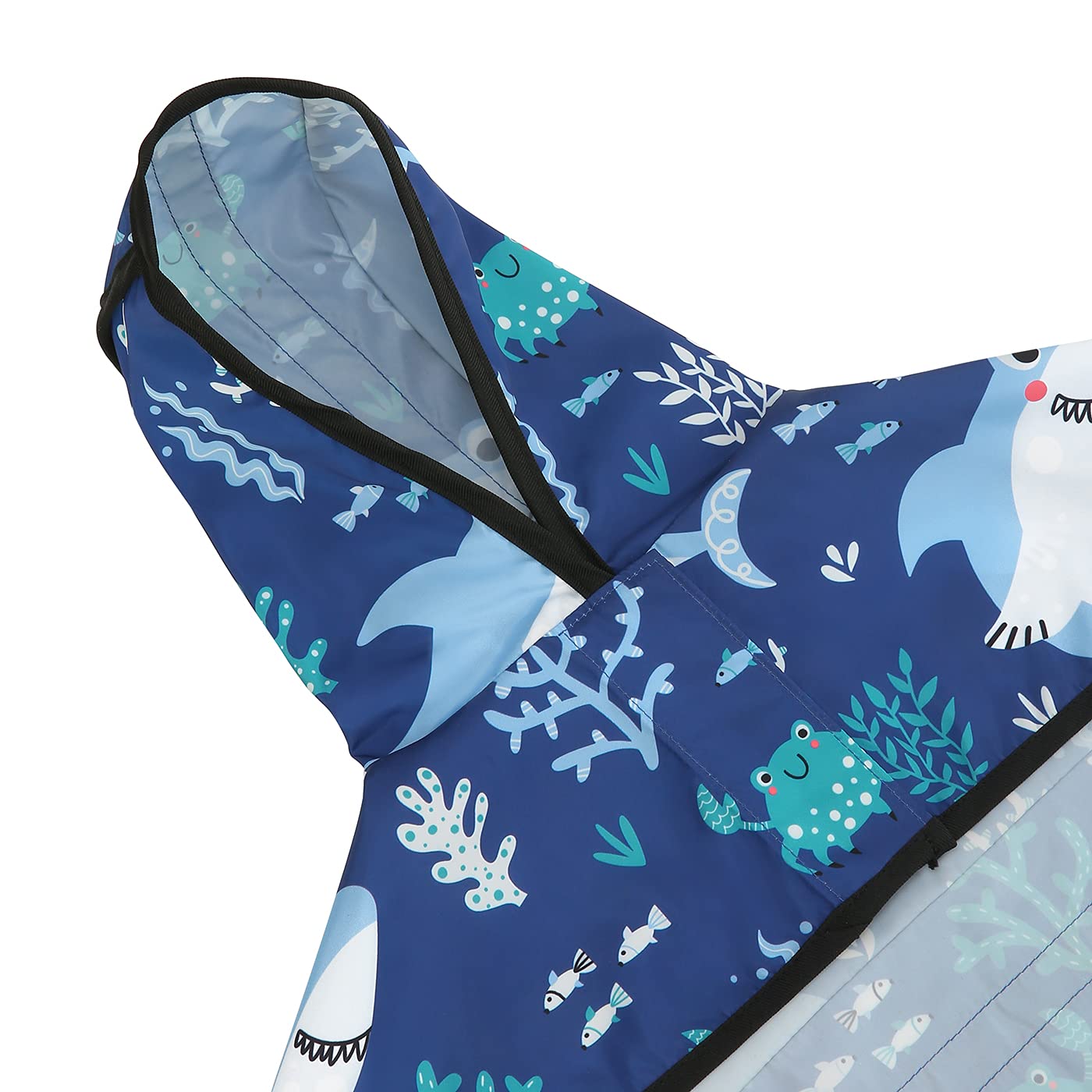 HDE Sharks raincoat fabric keeps dogs comfortable in light rain.