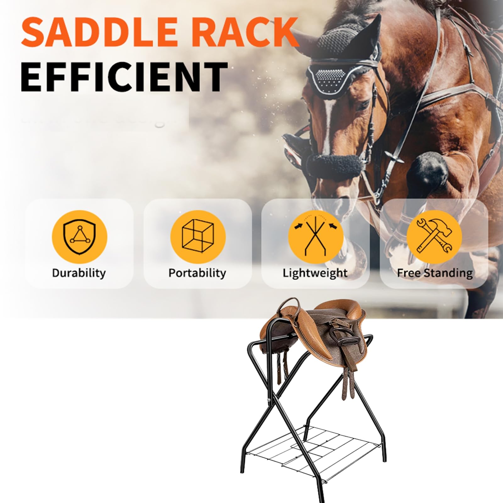 HDYEGY sturdy steel horse saddle stand supports up to 120 pounds.