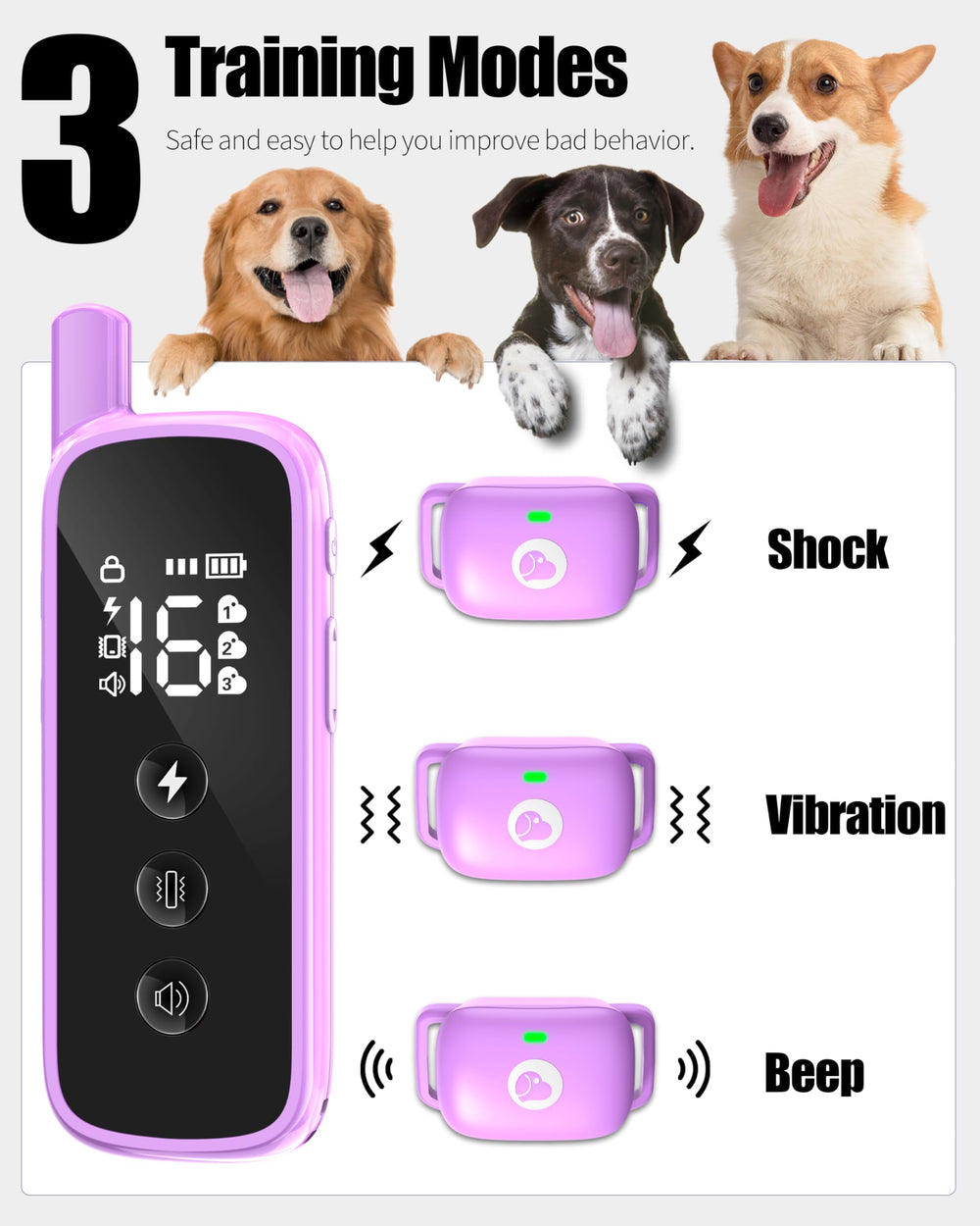 Heaflex training collar showing beep, vibration, and shock modes for customizable cues.