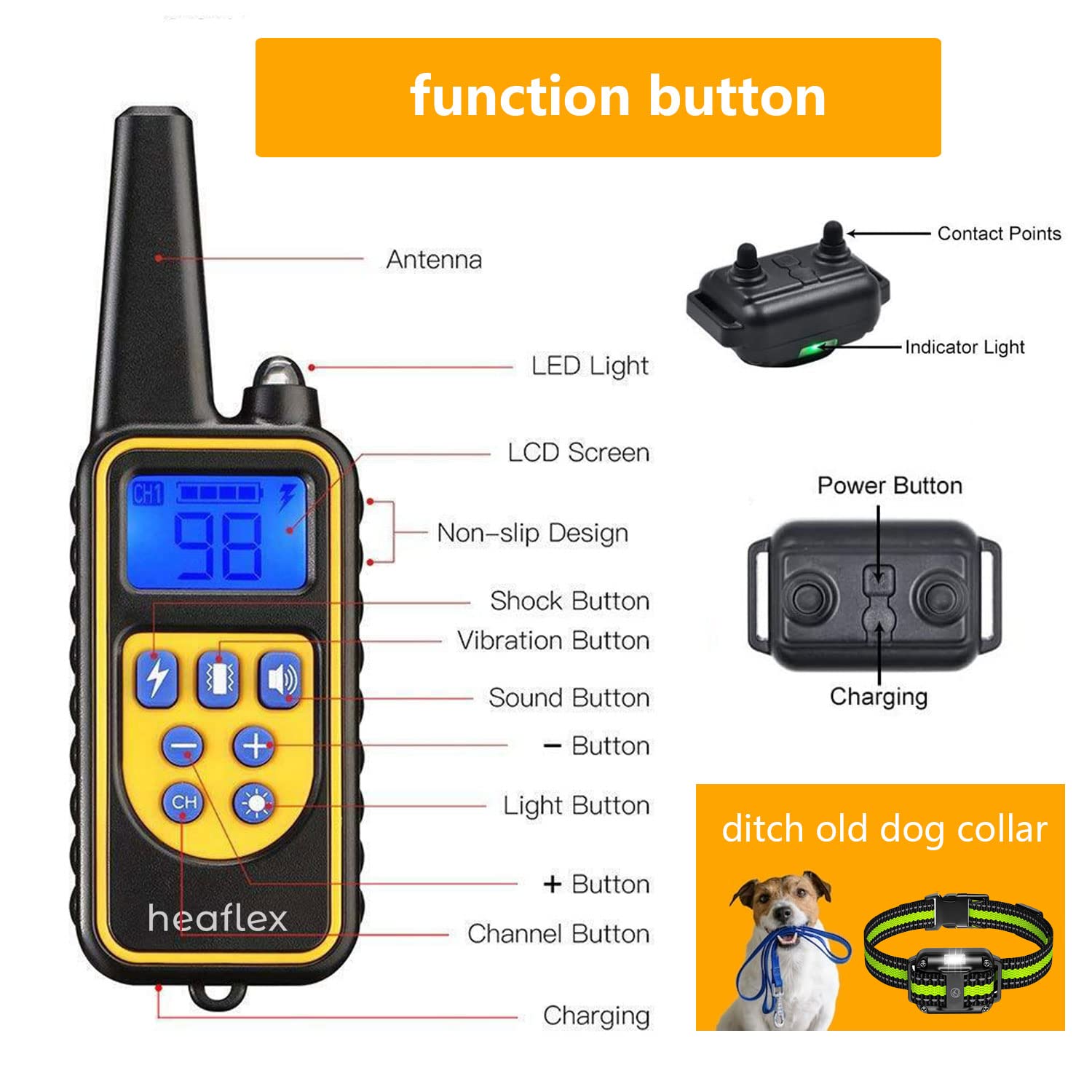 Heaflex packaging includes remote, three receivers, and charging accessories.
