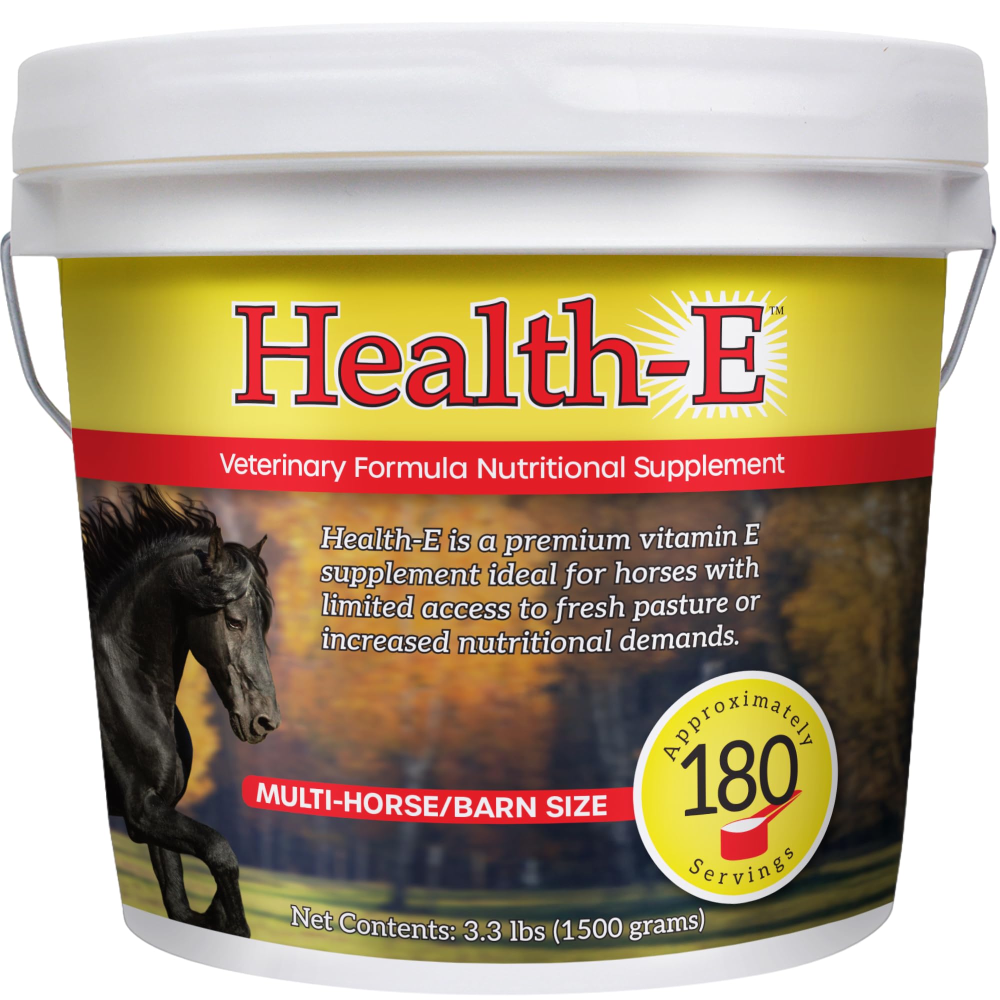 Health-E Vitamin E supplement bottle for horses supports daily antioxidant nutrition.