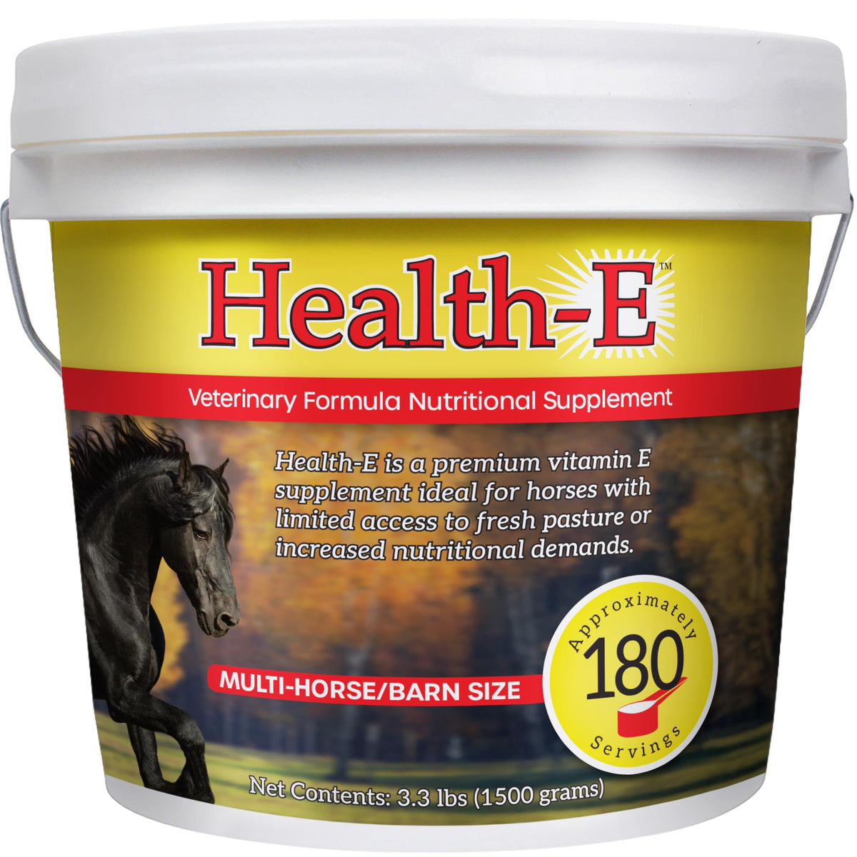 Health-E Vitamin E supplement bottle for horses supports daily antioxidant nutrition.