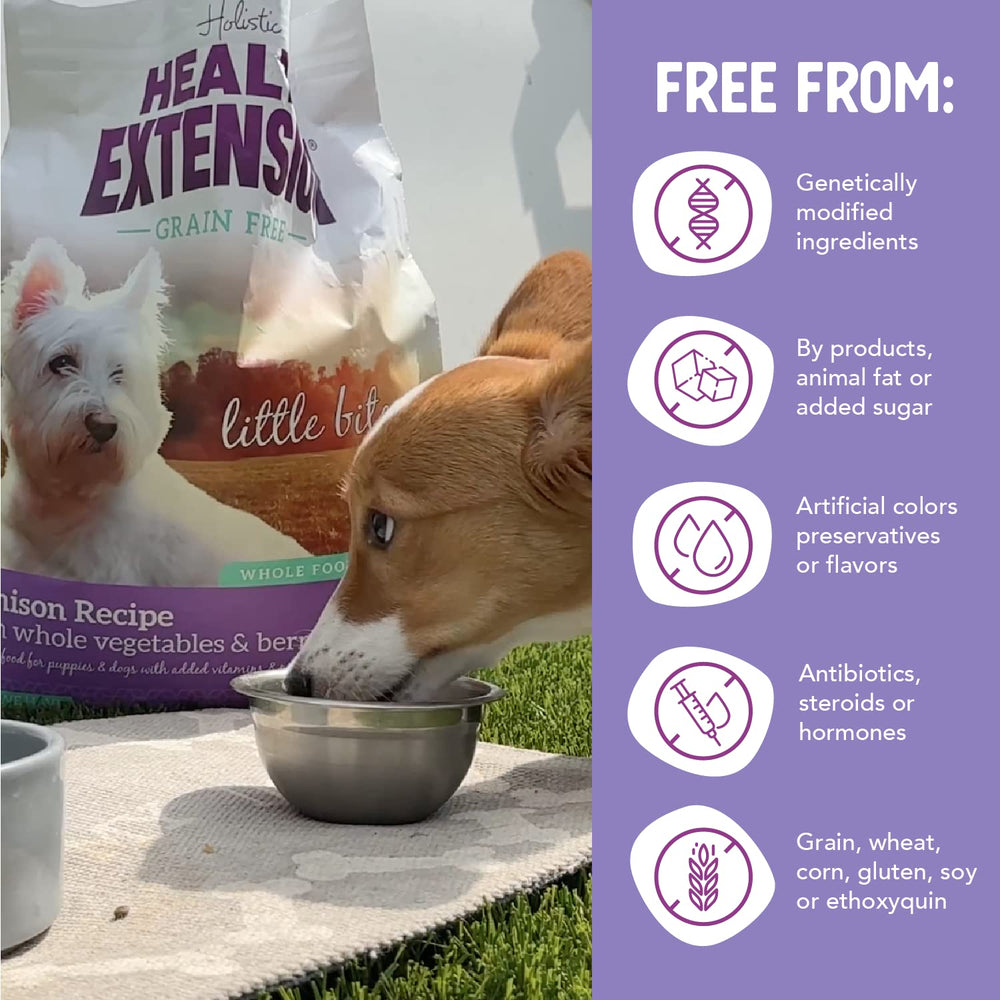 Health Extension 30+ superfoods blend visible in kibble texture and color.