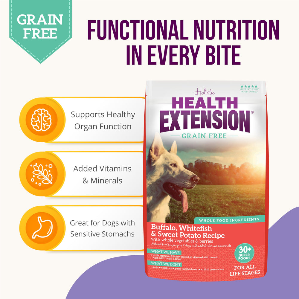 Health Extension 30-plus superfoods pack featuring turmeric, berries, and coconut oil benefits.
