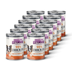 Health Extension 95% Chicken wet dog food closeup chunks highlight real meat texture