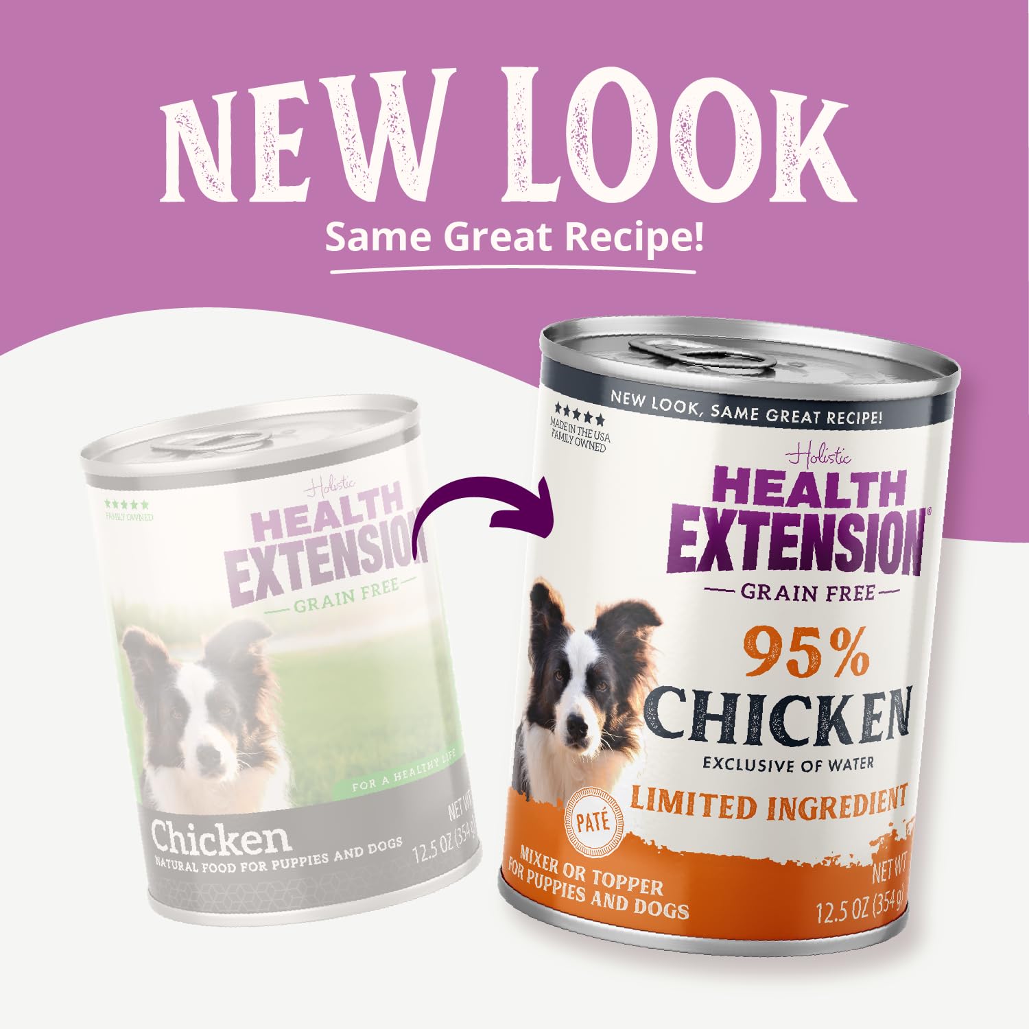 Health Extension 95% Chicken ingredients label emphasizes limited ingredients for simple nutrition