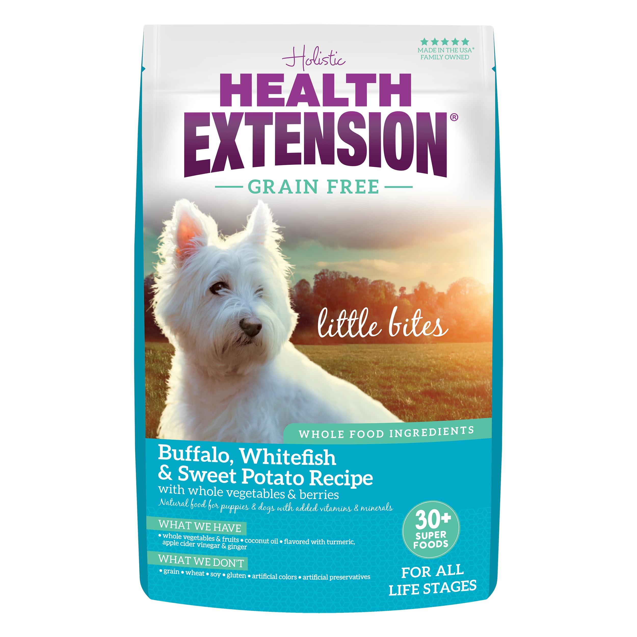 Health Extension Buffalo & Whitefish Little Bites bag open, tiny kibble pieces ideal for teacups.