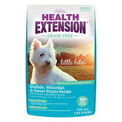 Health Extension Buffalo & Whitefish Little Bites bag open, tiny kibble pieces ideal for teacups.