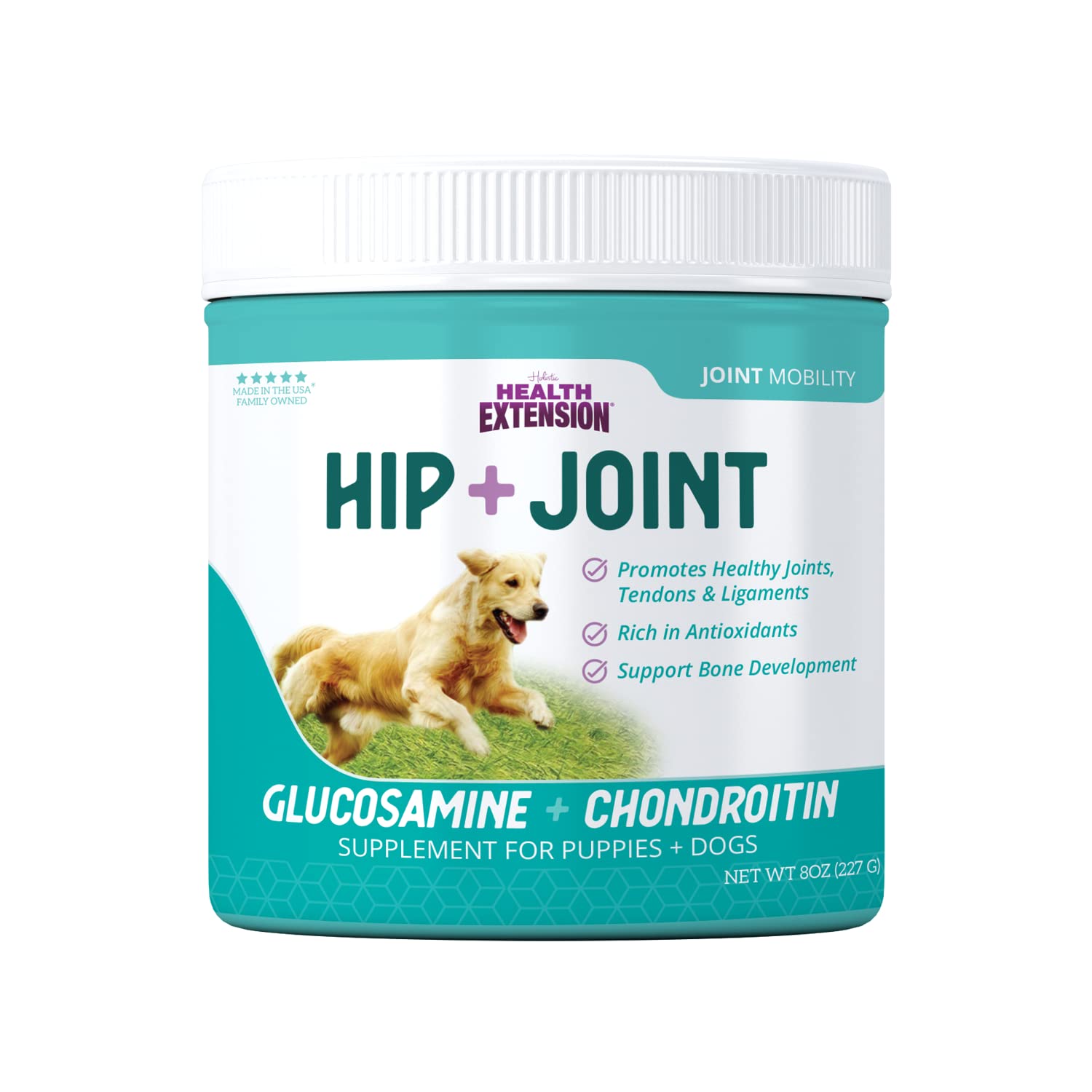 Health Extension Chondroitin with Glucosamine powder being poured into dog food for easier feeding