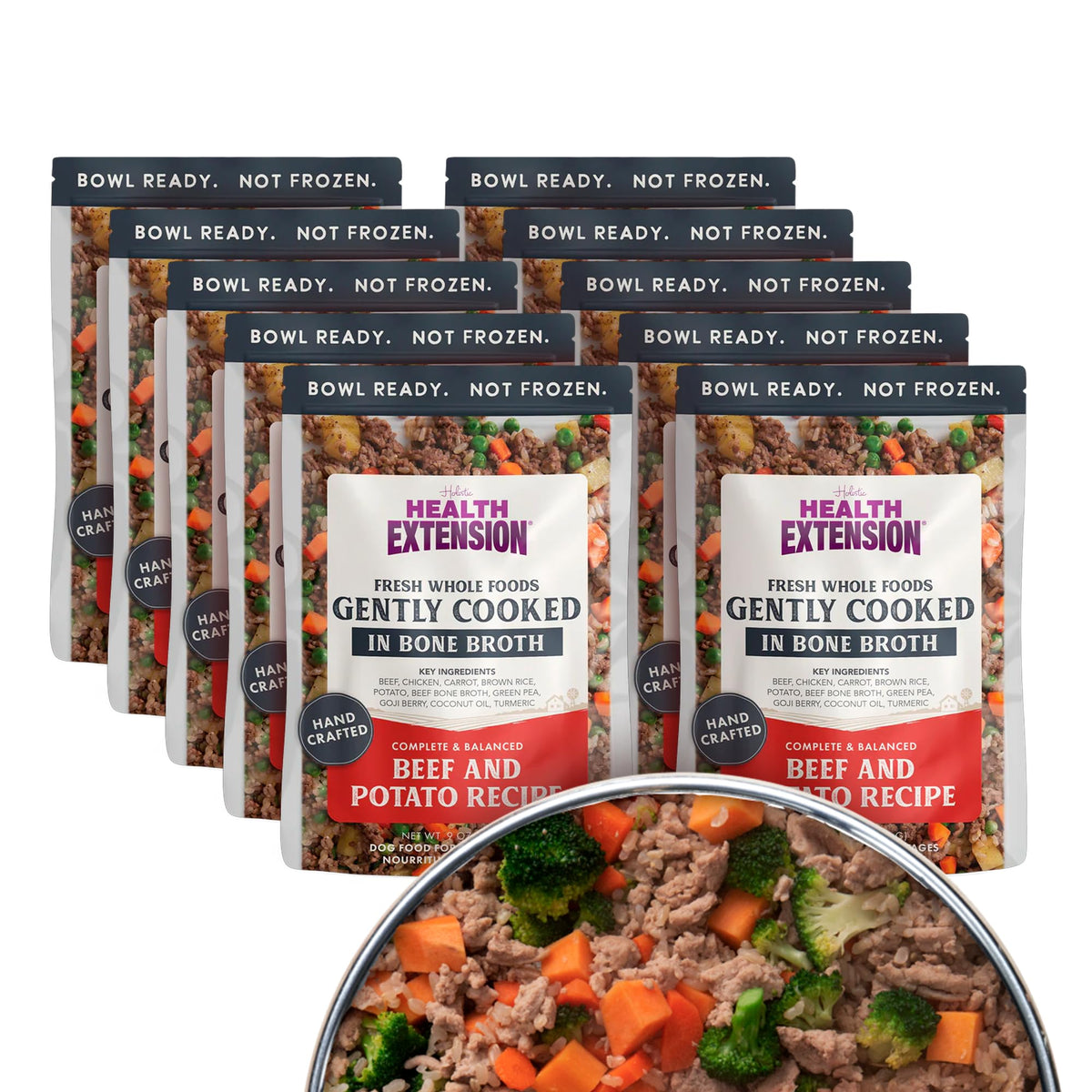 Health Extension Gently Cooked Beef and Potato dog food bowl-ready for convenient mealtime.